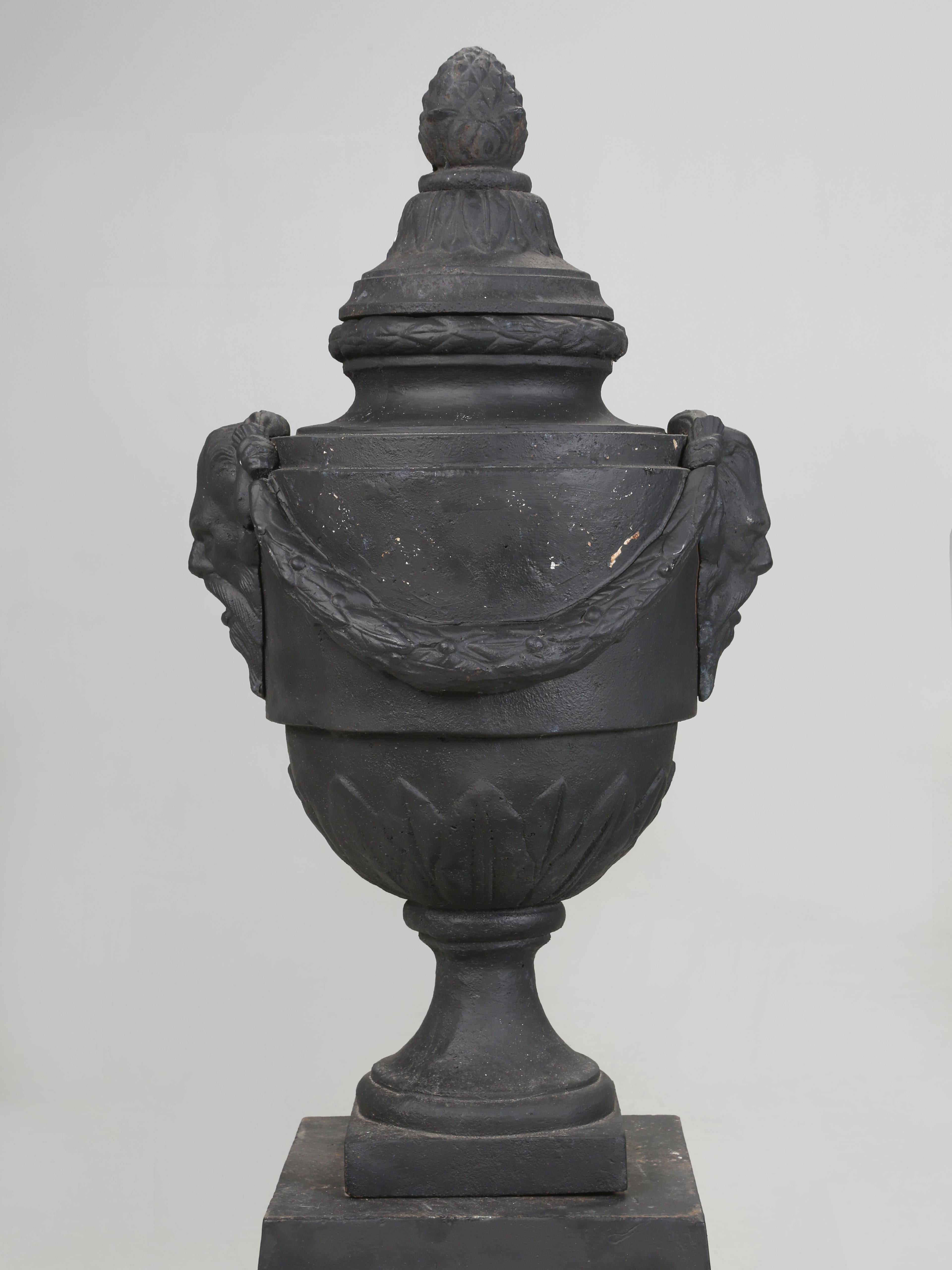 Pair of vintage Cast Iron Neoclassical Urns Matching Cast Iron Plinths c1900's For Sale 2