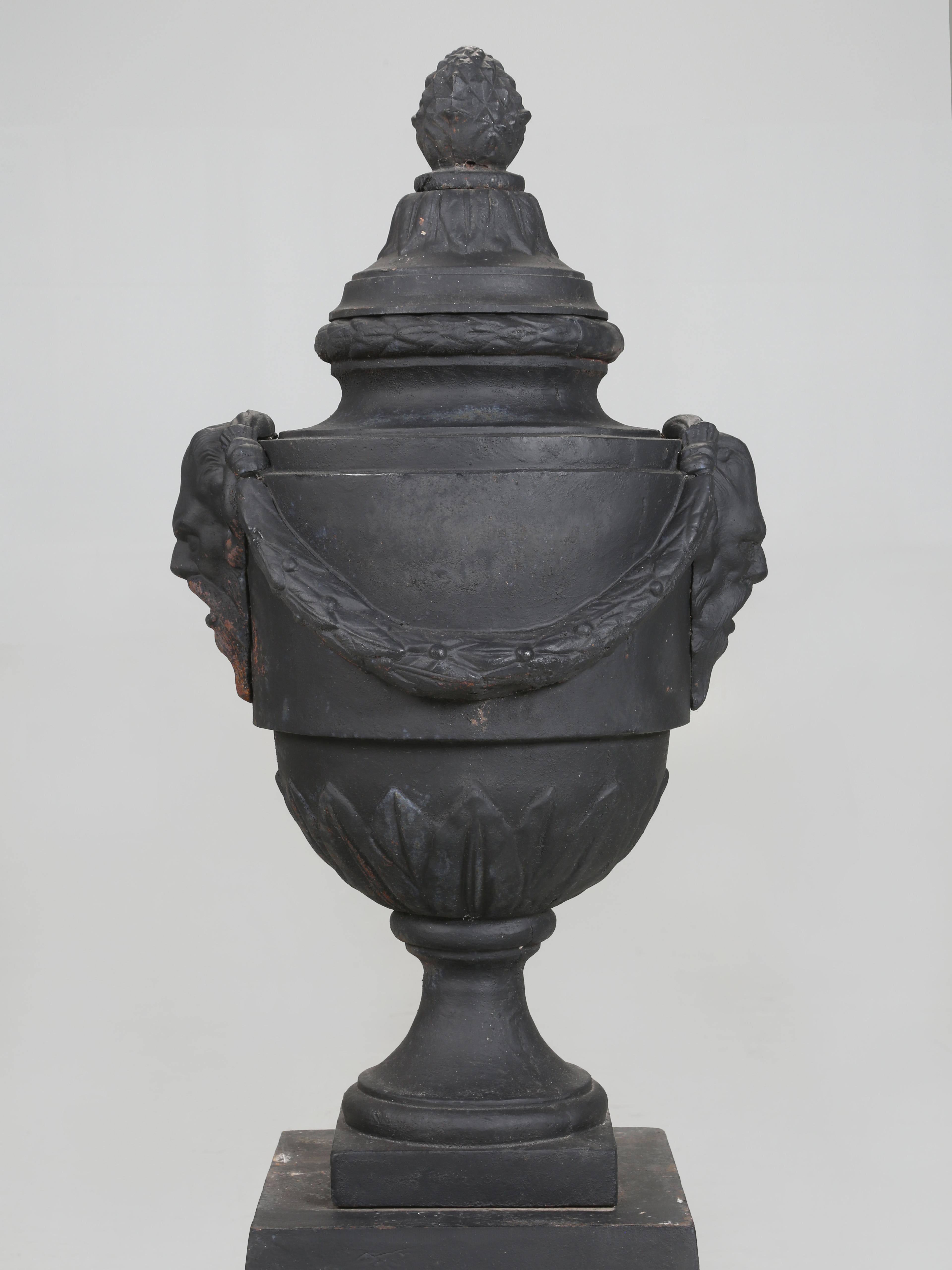 Pair of vintage Cast Iron Neoclassical Urns Matching Cast Iron Plinths c1900's For Sale 3