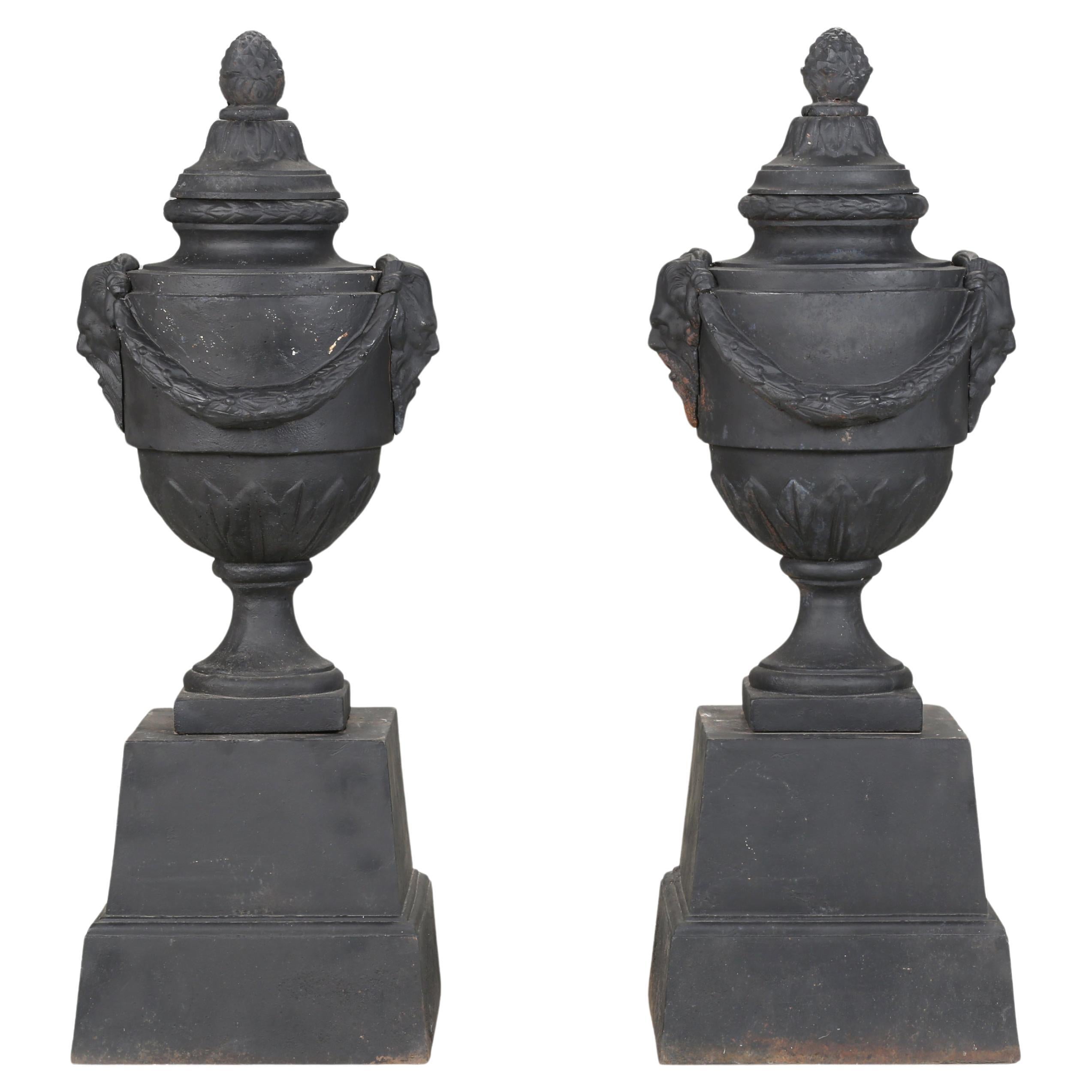 Pair of vintage Cast Iron Neoclassical Urns Matching Cast Iron Plinths c1900's