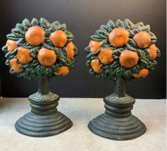 Pair of Vintage Cast Iron Orange Tree Topiary Door Stops ~ Book Ends