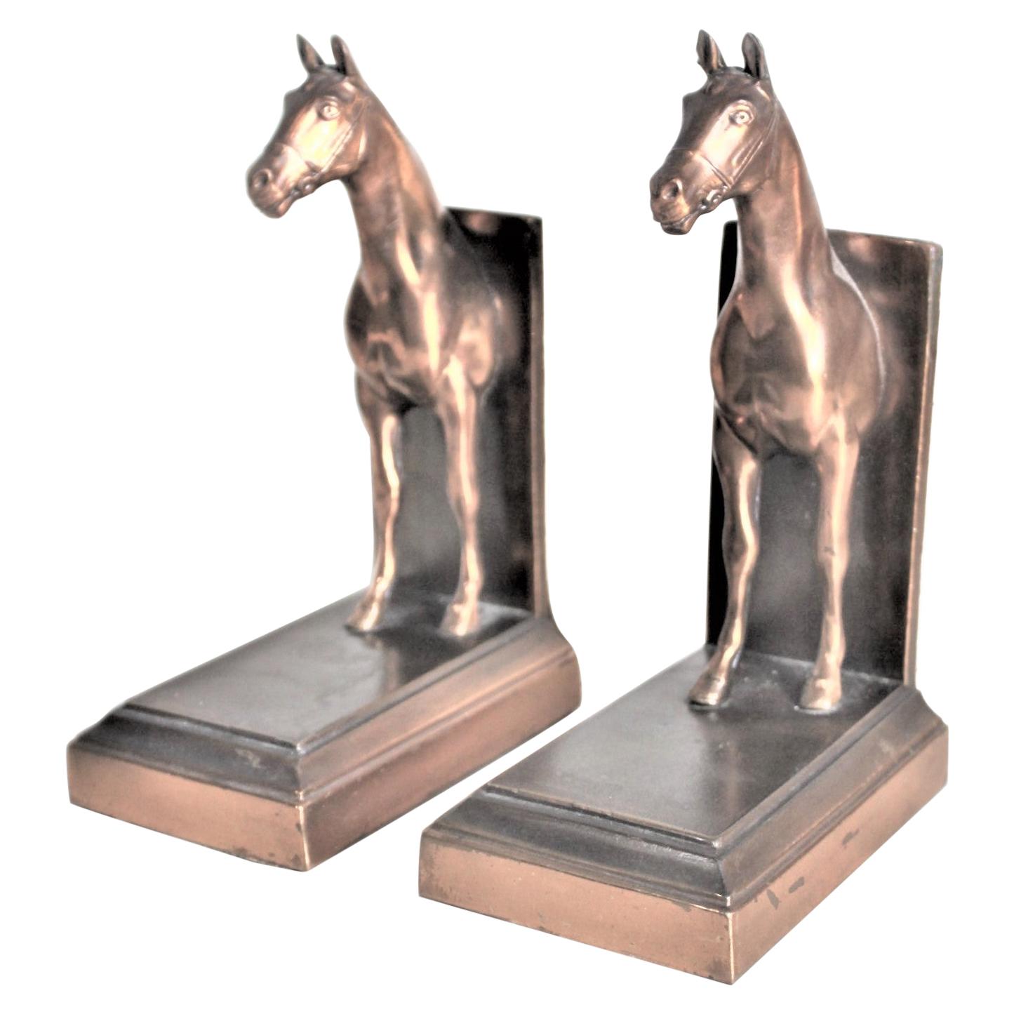 Pair of Vintage Cast Metal & Brass Patinated Figural Horse Bookends