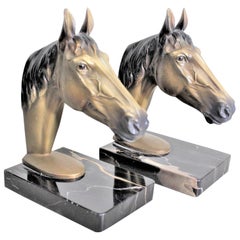 Pair of Vintage Cast Metal & Cold-Painted Figural Chestnut Horse Head Bookends