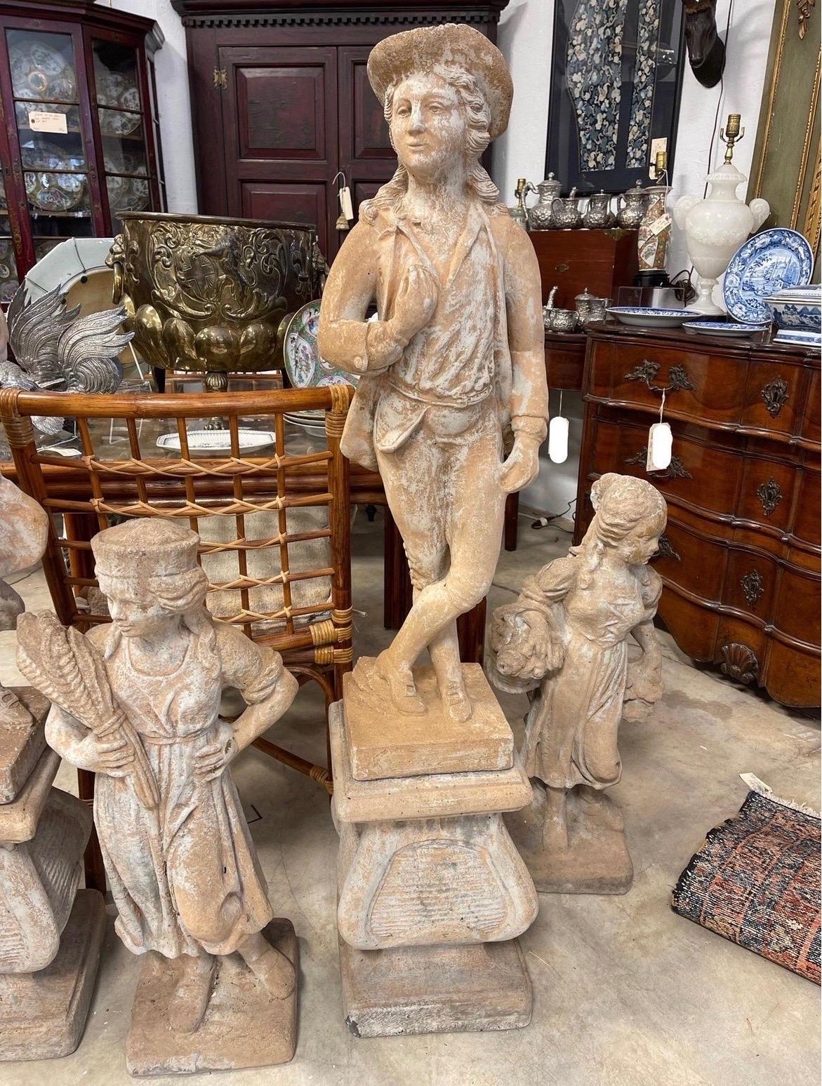 Pair of Vintage Cast Stone and Terracotta Victorian Figural Outdoor Statues In Good Condition In Atlanta, GA