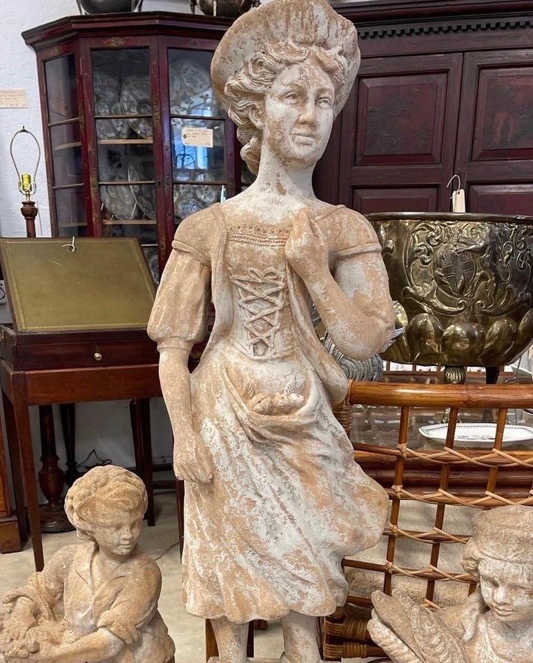 20th Century Pair of Vintage Cast Stone and Terracotta Victorian Figural Outdoor Statues