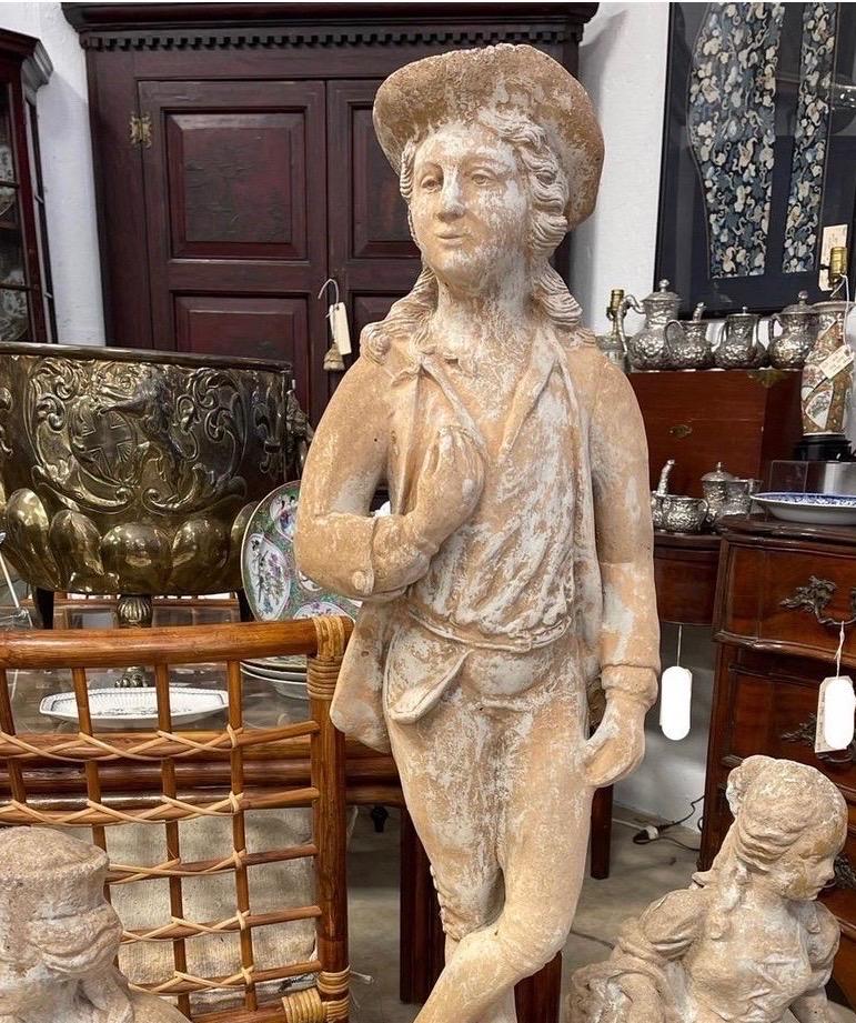 Pair of Vintage Cast Stone and Terracotta Victorian Figural Outdoor Statues 1