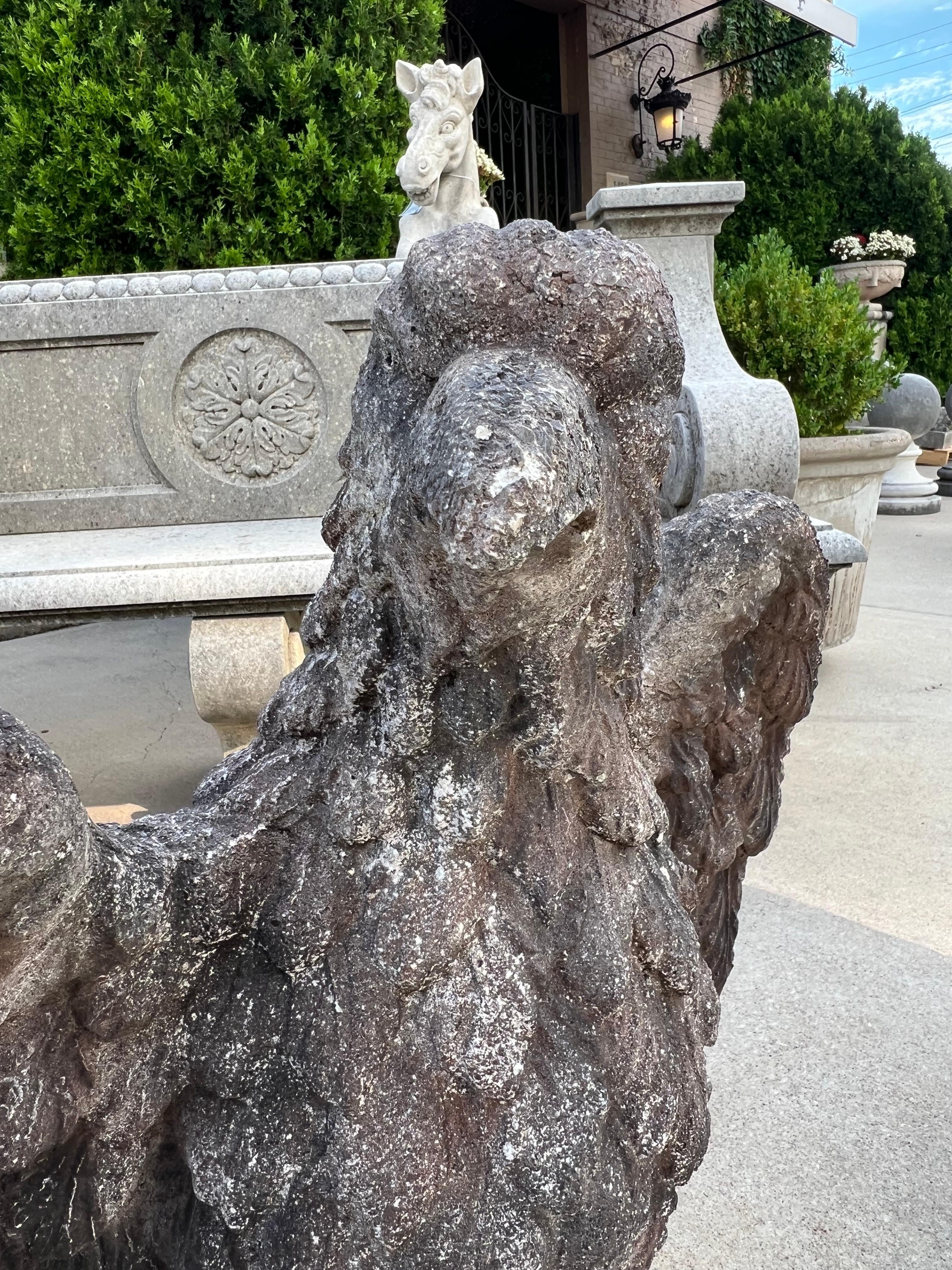 More information coming soon…

The details of the plumage of this pair of cast stone eagles from France are quite impressive.  The large wings are depicted “displayed and lowered”, allowing the segments of each feather to be seen, as each bird cocks