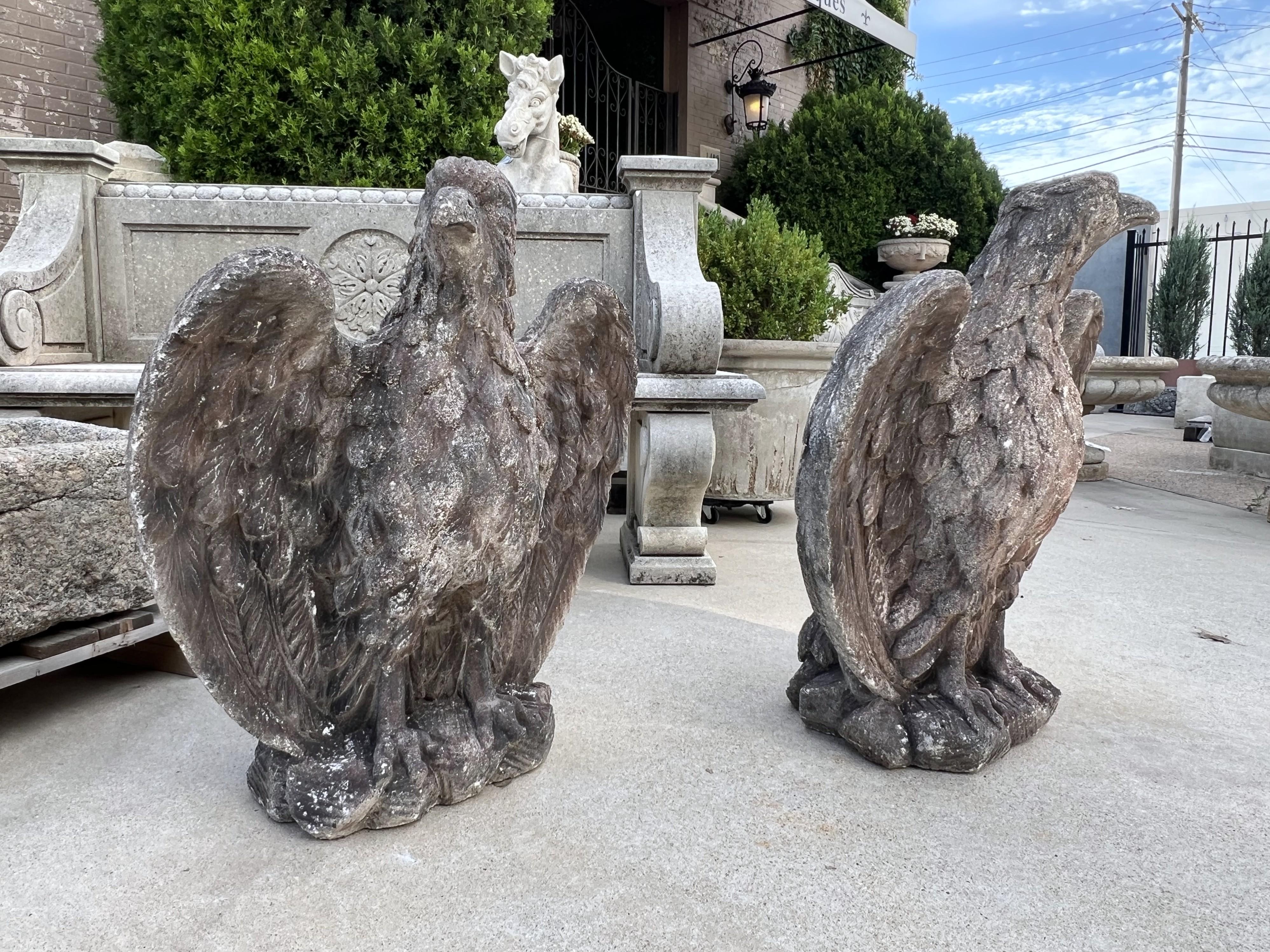 French Pair of Vintage Cast Stone Eagles from France For Sale