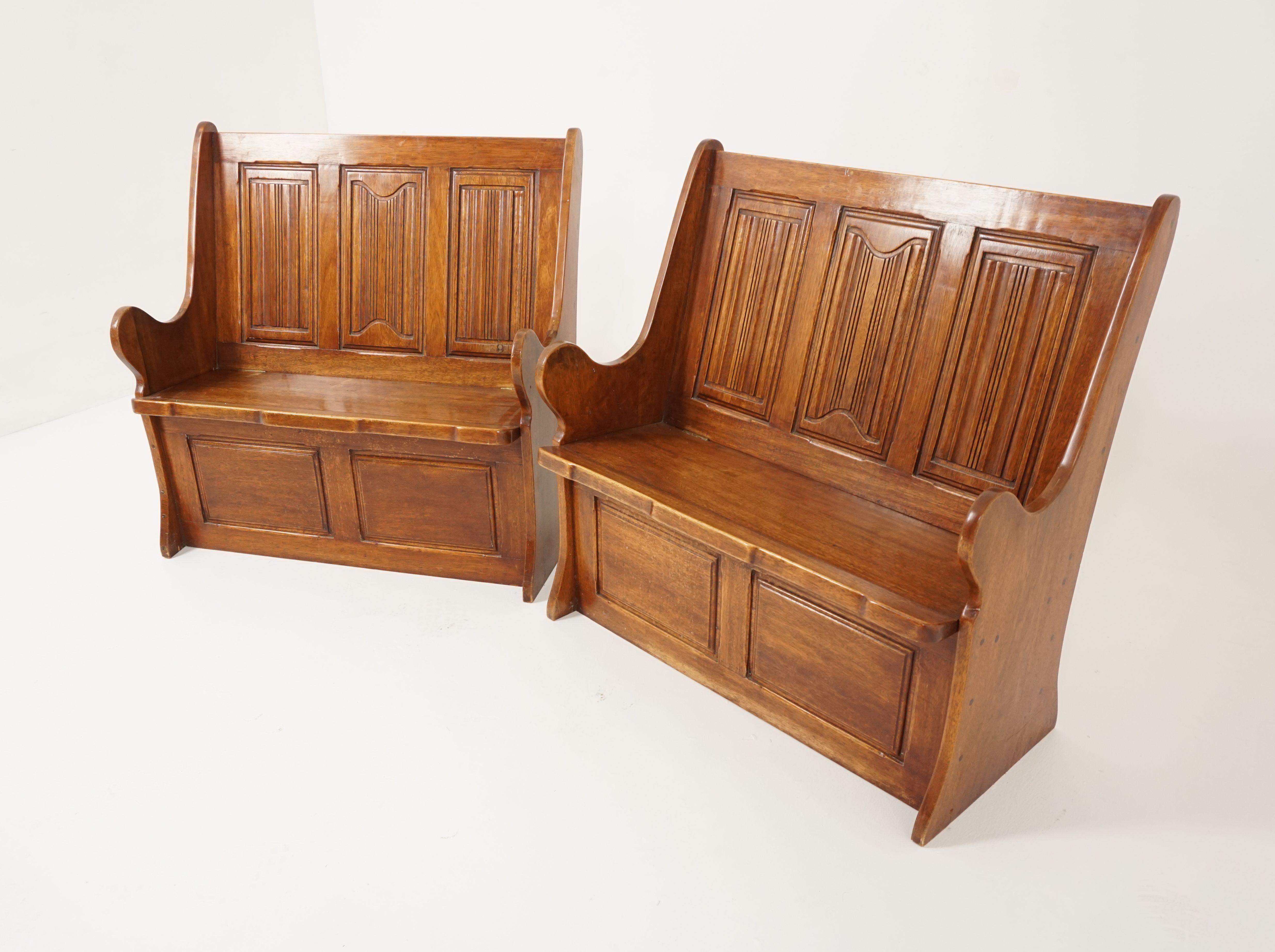 Pair of Vintage Caved Gothic Style Box Seat Low Benches, England 1950, B2569

England 1950
Solid Walnut
Original finish
Three carved linen fold panels to the back
Outswept arms to the side
Lift up hinged seat
Opens to reveal storage compartment
Pair