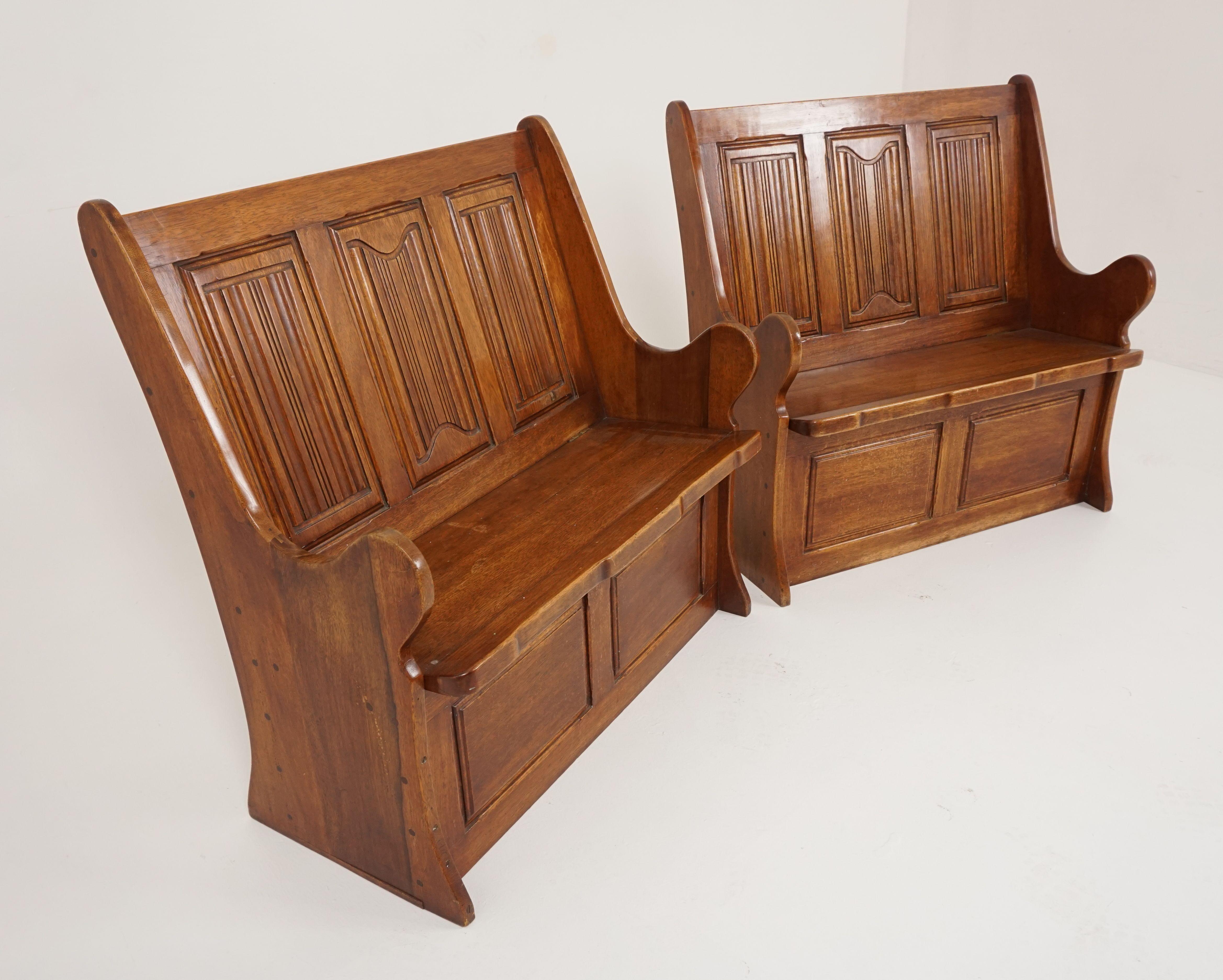 English Pair of Vintage Caved Gothic Style Box Seat Low Benches, England 1950, B2569