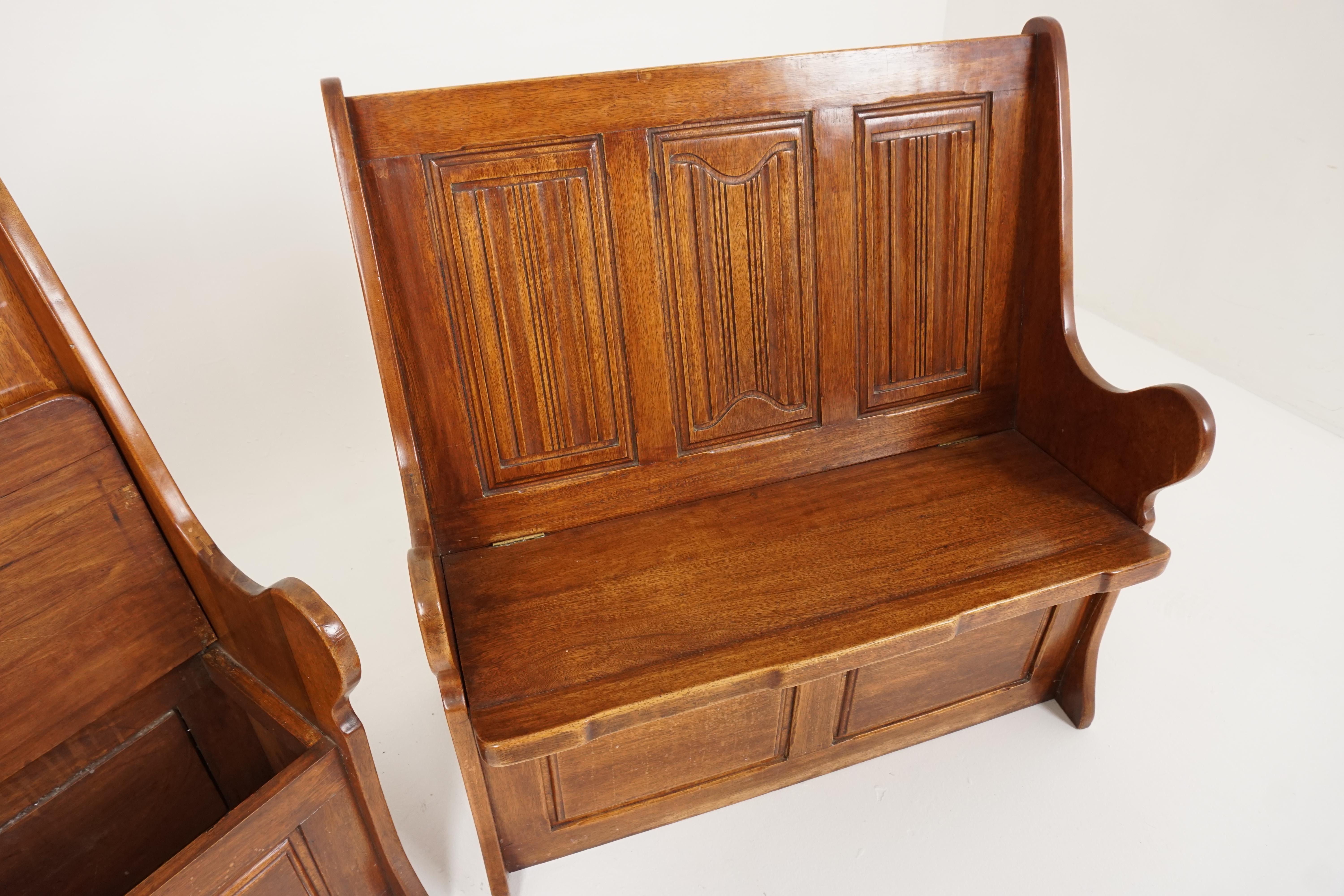 Walnut Pair of Vintage Caved Gothic Style Box Seat Low Benches, England 1950, B2569