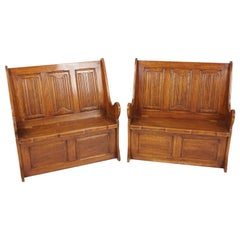 Pair of Vintage Caved Gothic Style Box Seat Low Benches, England 1950, B2569