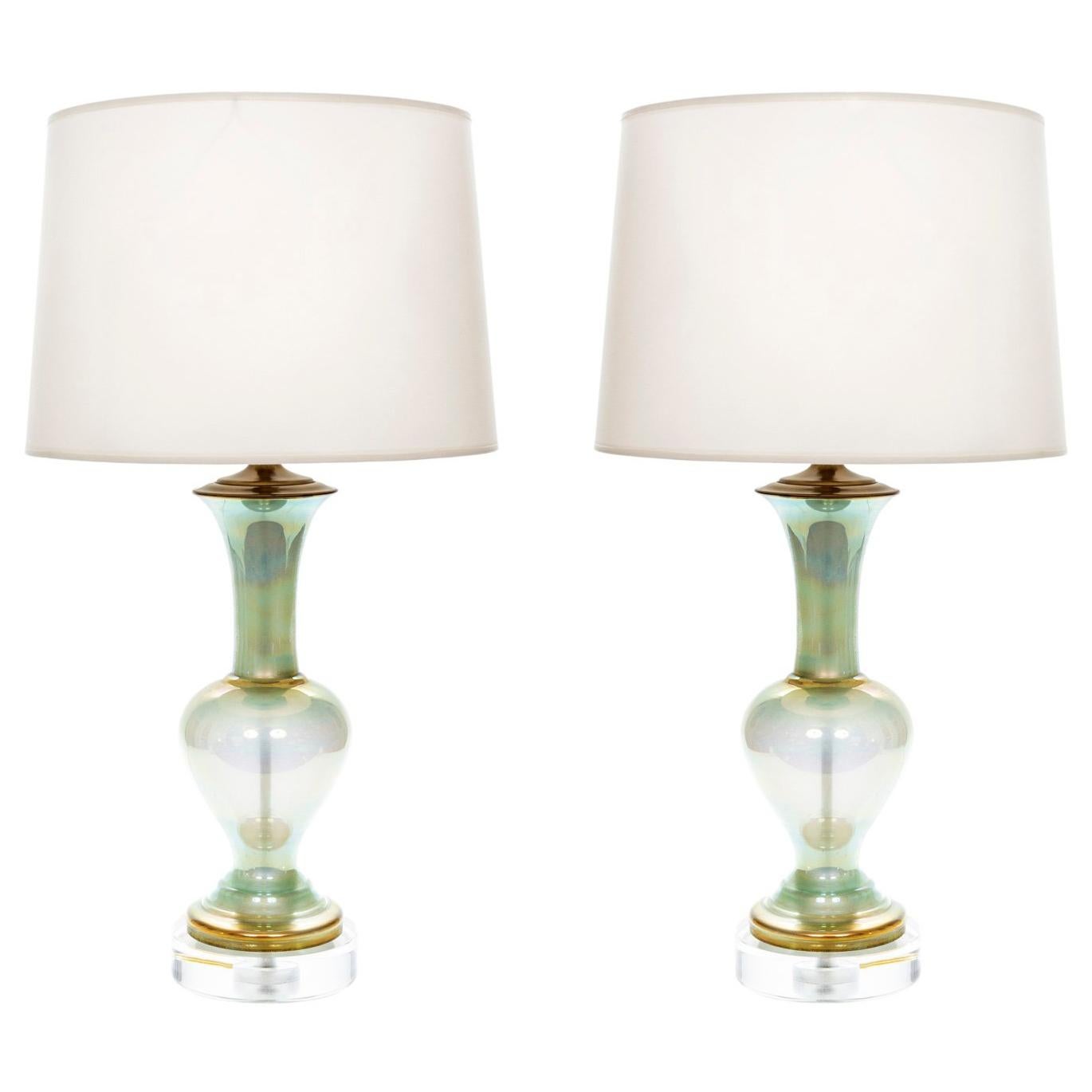 Pair of Vintage Celadon Iridescent Glass Table Lamps on Brass Base
