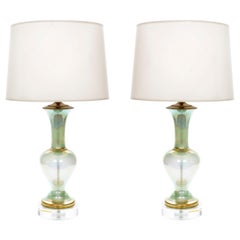 Pair of Vintage Celadon Iridescent Glass Table Lamps on Brass Base