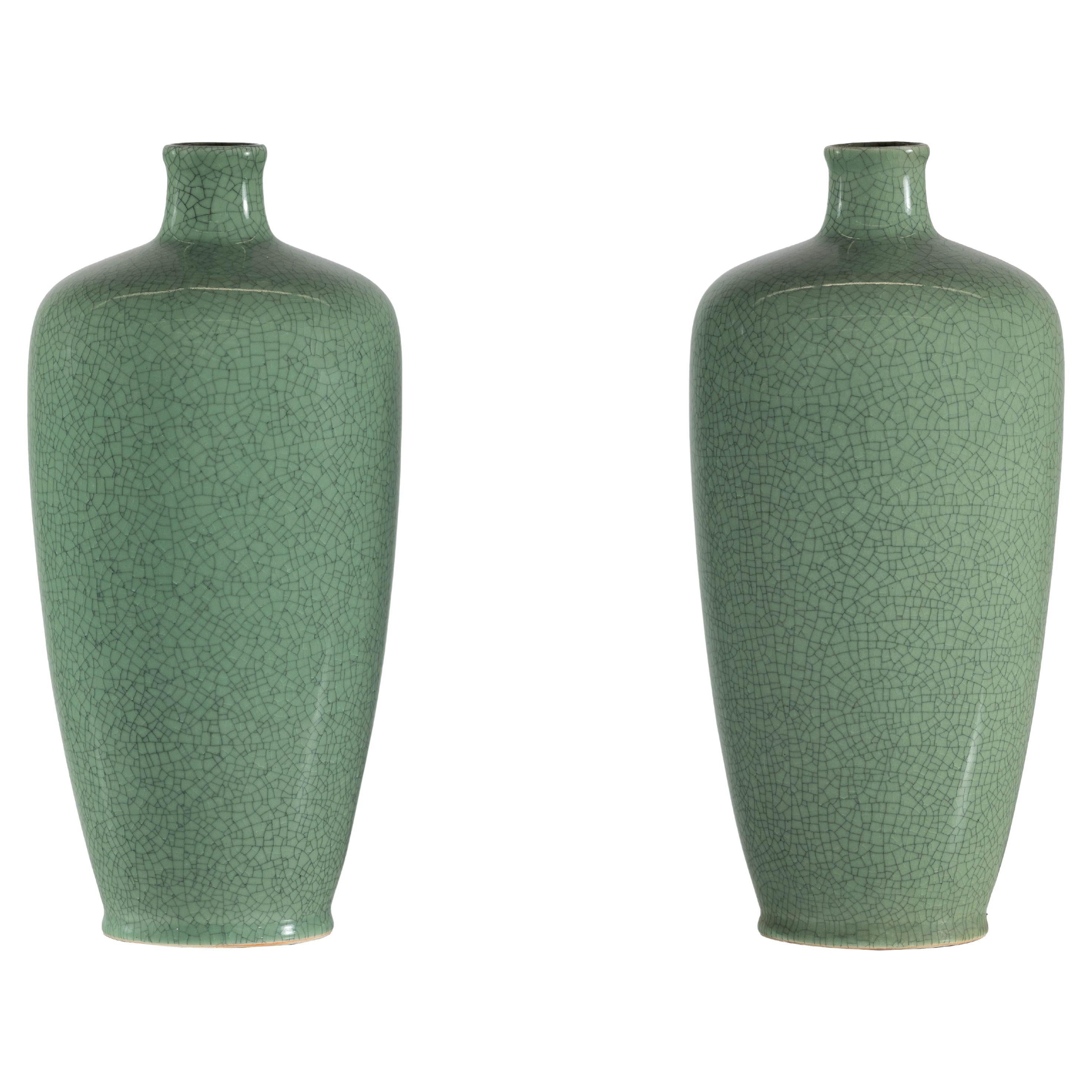 Pair of Vintage Celadon Porcelain Vases with Elegant Crackled Glaze