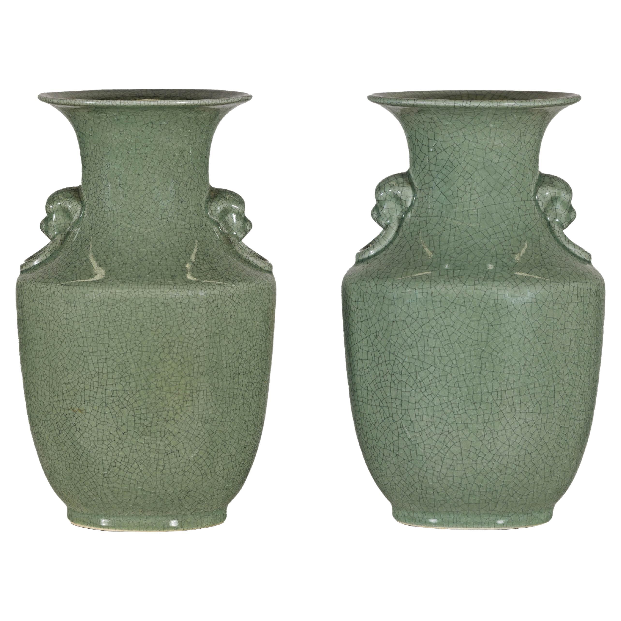 Pair of Vintage Celadon Vases with Crackle Glaze and Decorative Side Handles