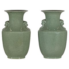 Pair of Vintage Celadon Vases with Crackle Glaze and Decorative Side Handles