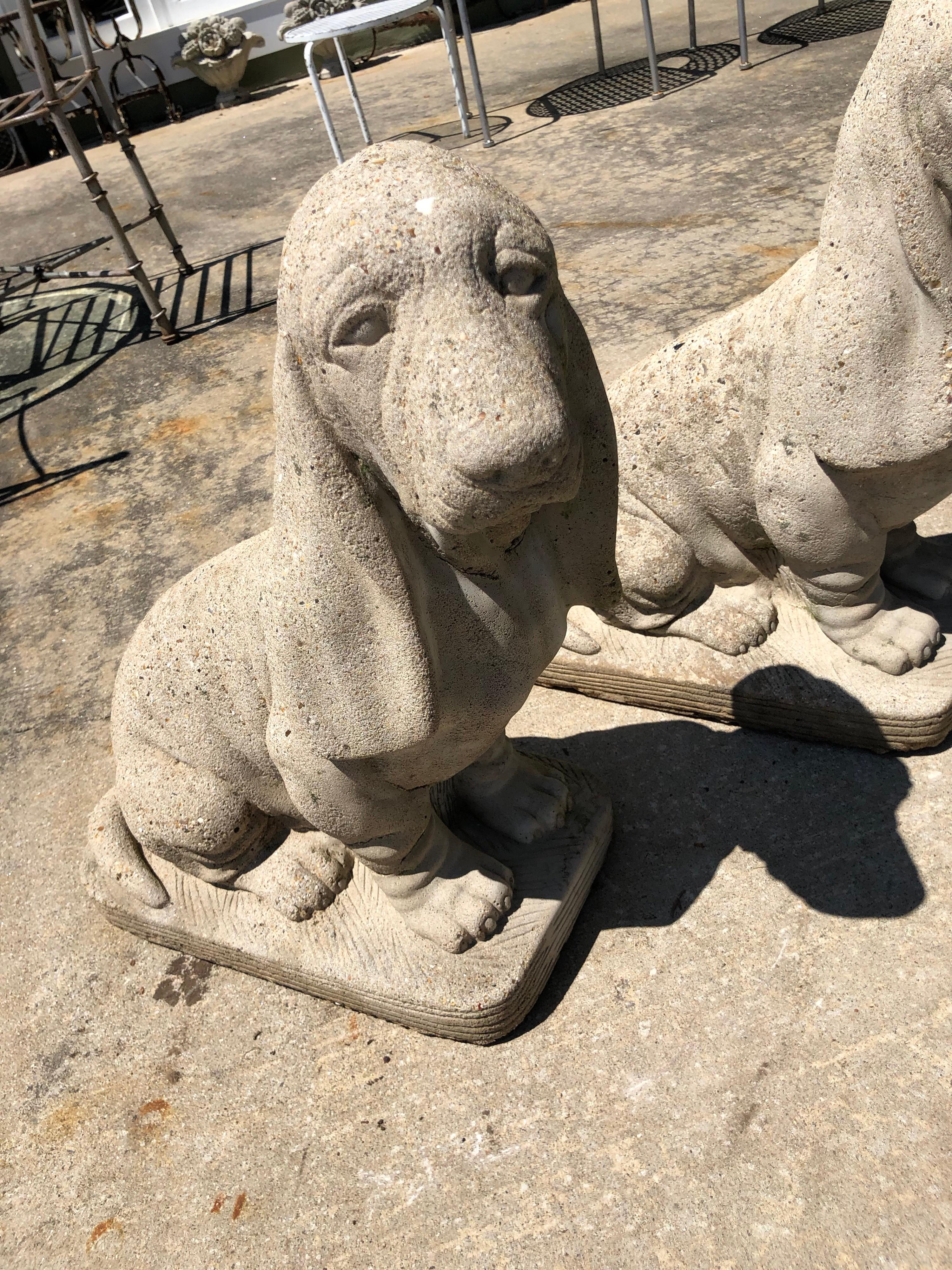 American Pair of Vintage Cement Bassett Hound Garden Sculptures