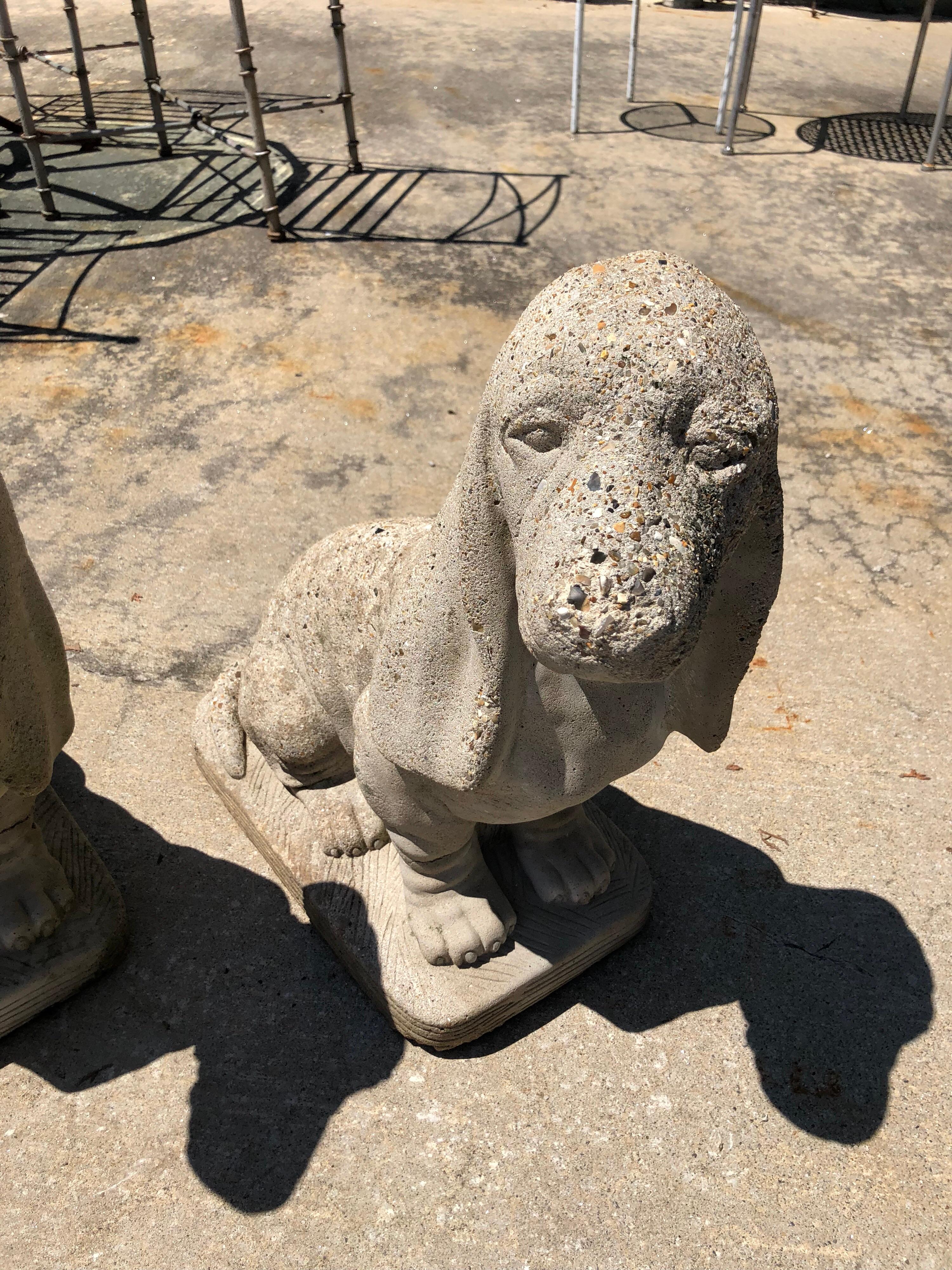 Cast Pair of Vintage Cement Bassett Hound Garden Sculptures