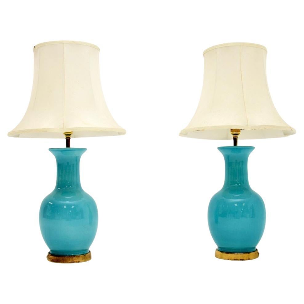 Pair of Vintage Ceramic and Brass Table Lamps For Sale