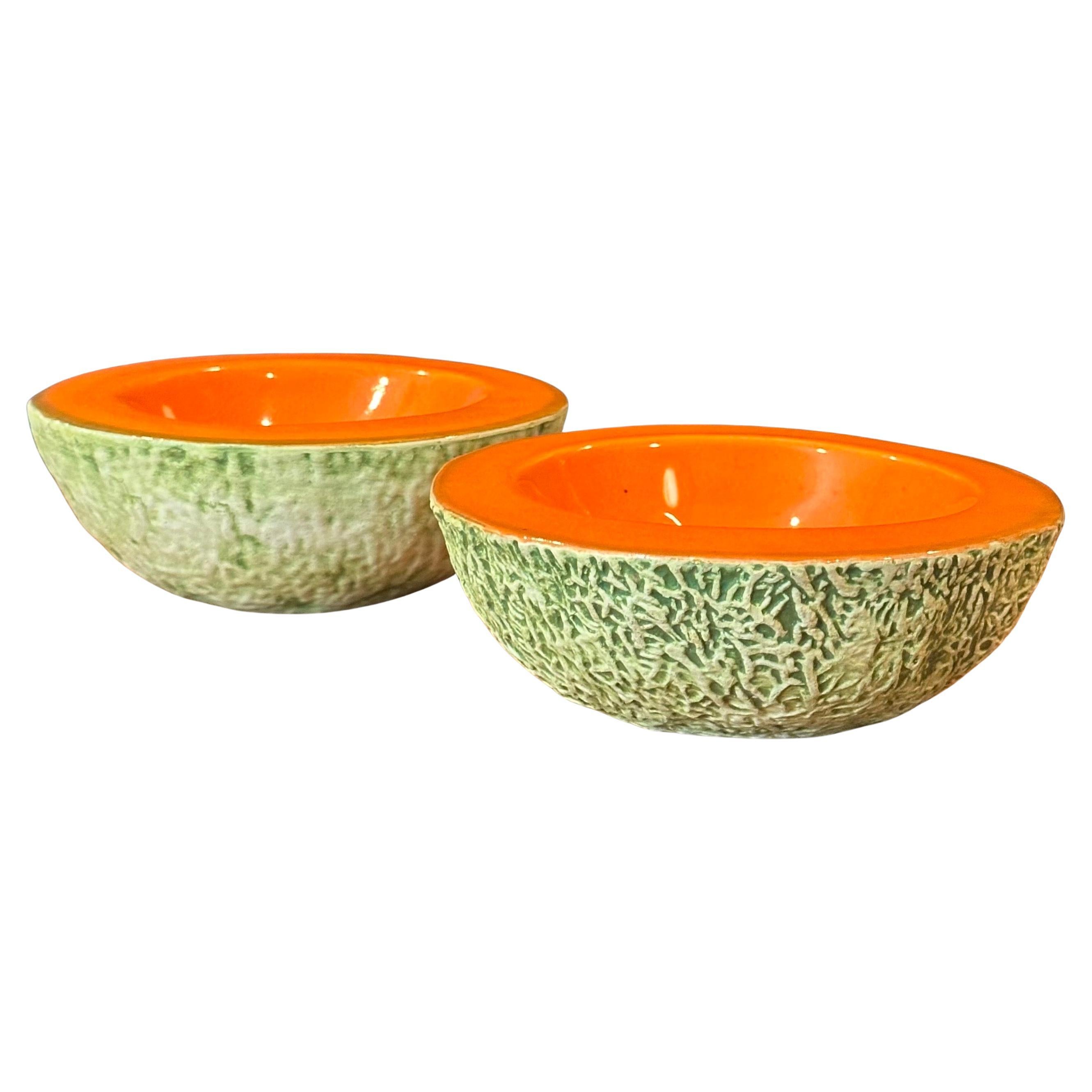 Pair of Vintage Ceramic Cantaloupe Bowls by Ed Langbein