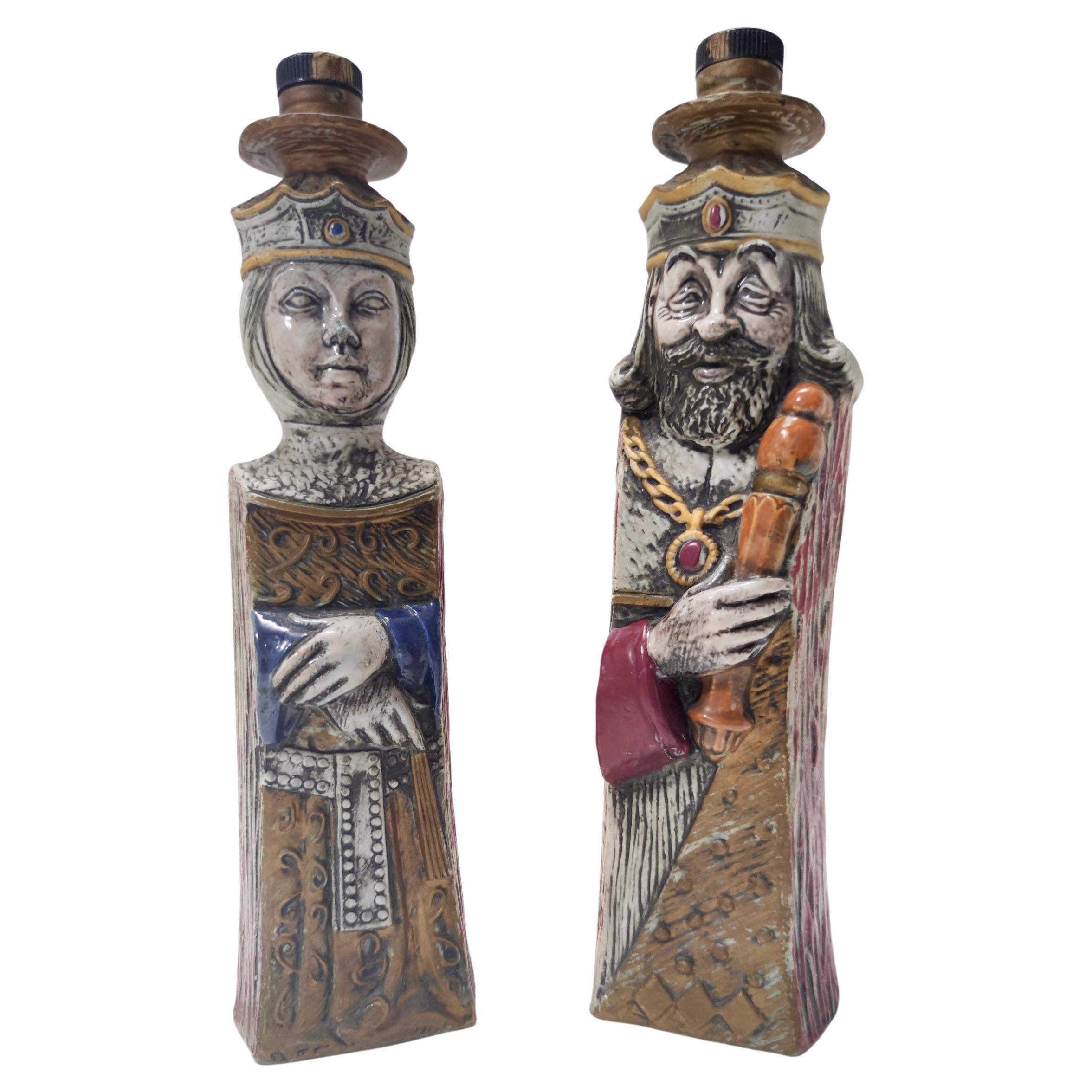 Pair of Vintage Ceramic Liquor Bottles Representing a King and a Queen, Italy For Sale