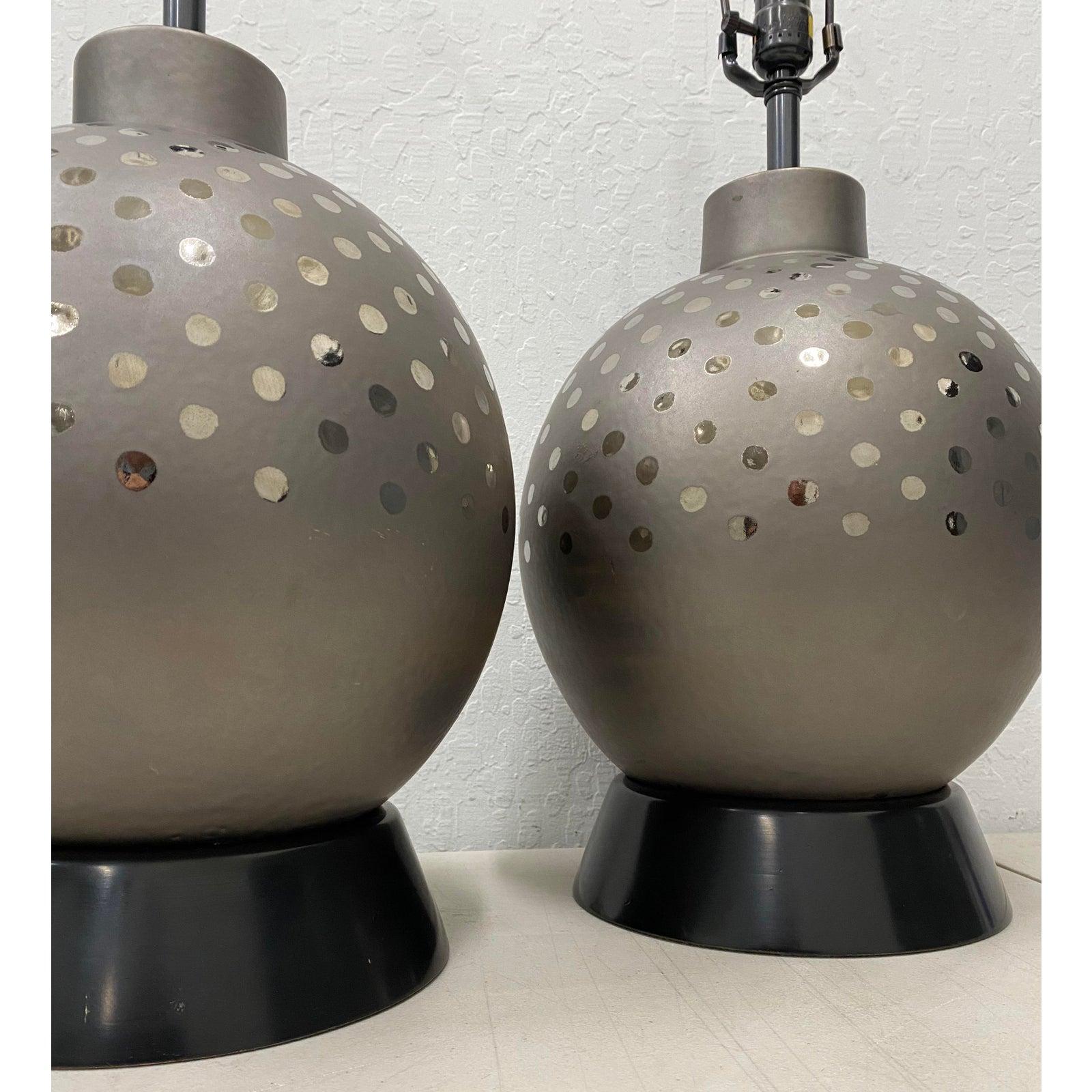 Mid-Century Modern Pair of Vintage Ceramic Metallic Silver Glaze Ball Lamps by Marbro, circa 1970 For Sale