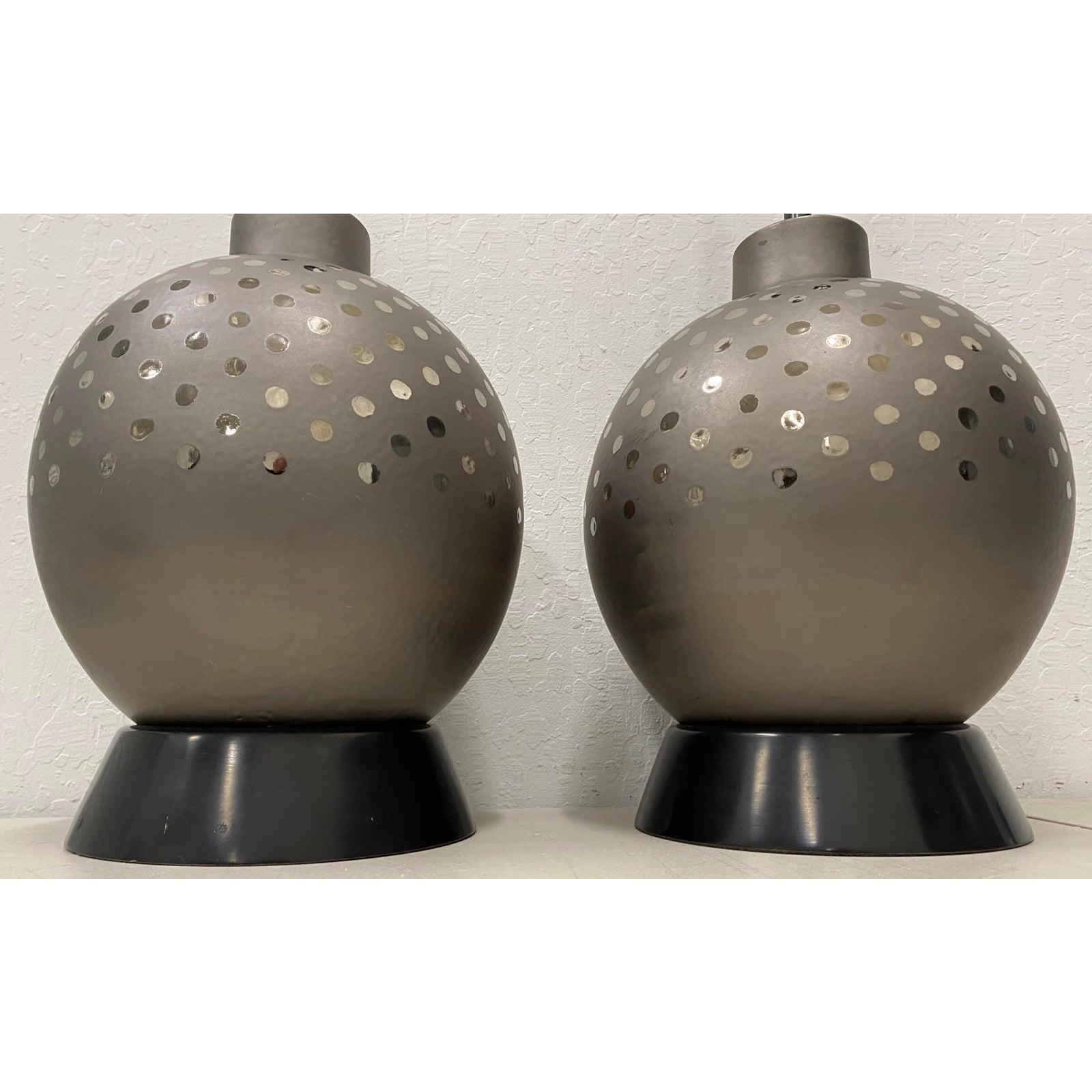 American Pair of Vintage Ceramic Metallic Silver Glaze Ball Lamps by Marbro, circa 1970 For Sale