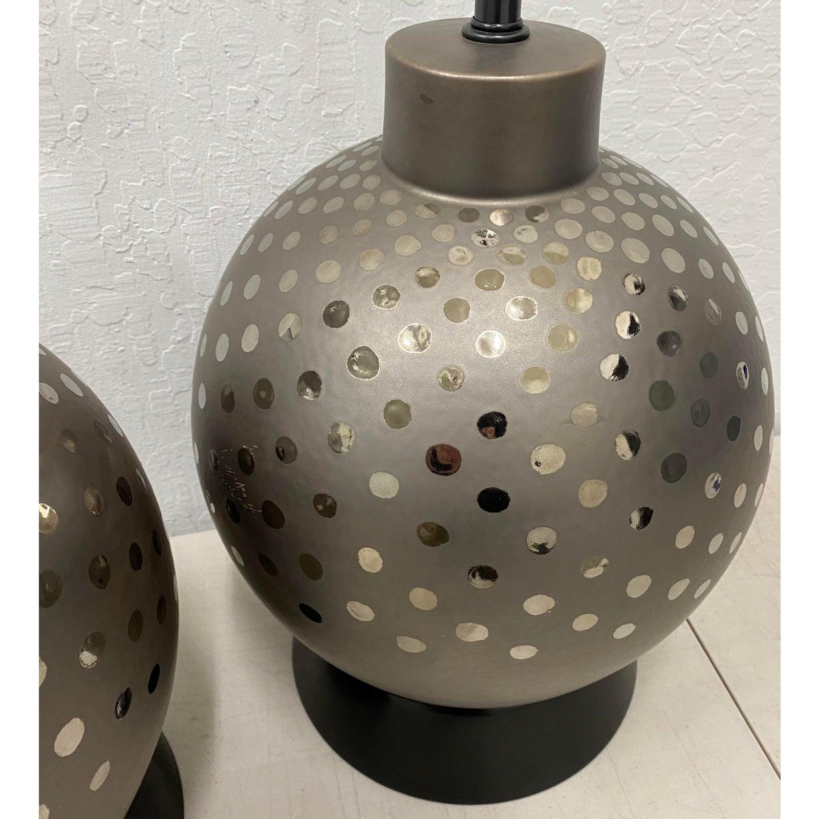Hand-Crafted Pair of Vintage Ceramic Metallic Silver Glaze Ball Lamps by Marbro, circa 1970 For Sale