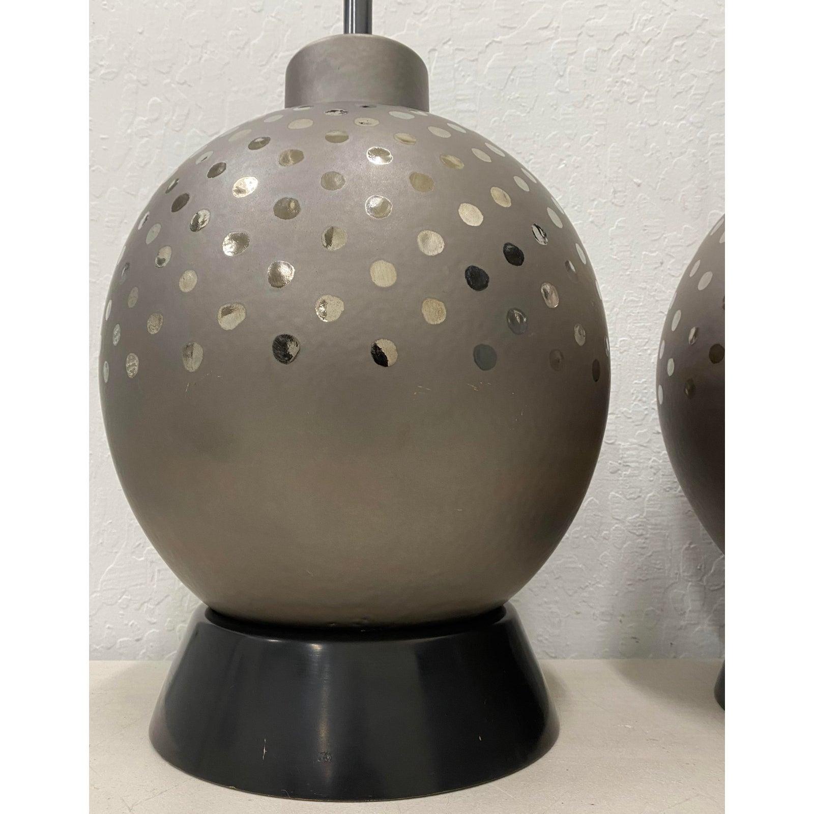Pair of Vintage Ceramic Metallic Silver Glaze Ball Lamps by Marbro, circa 1970 In Good Condition For Sale In San Francisco, CA