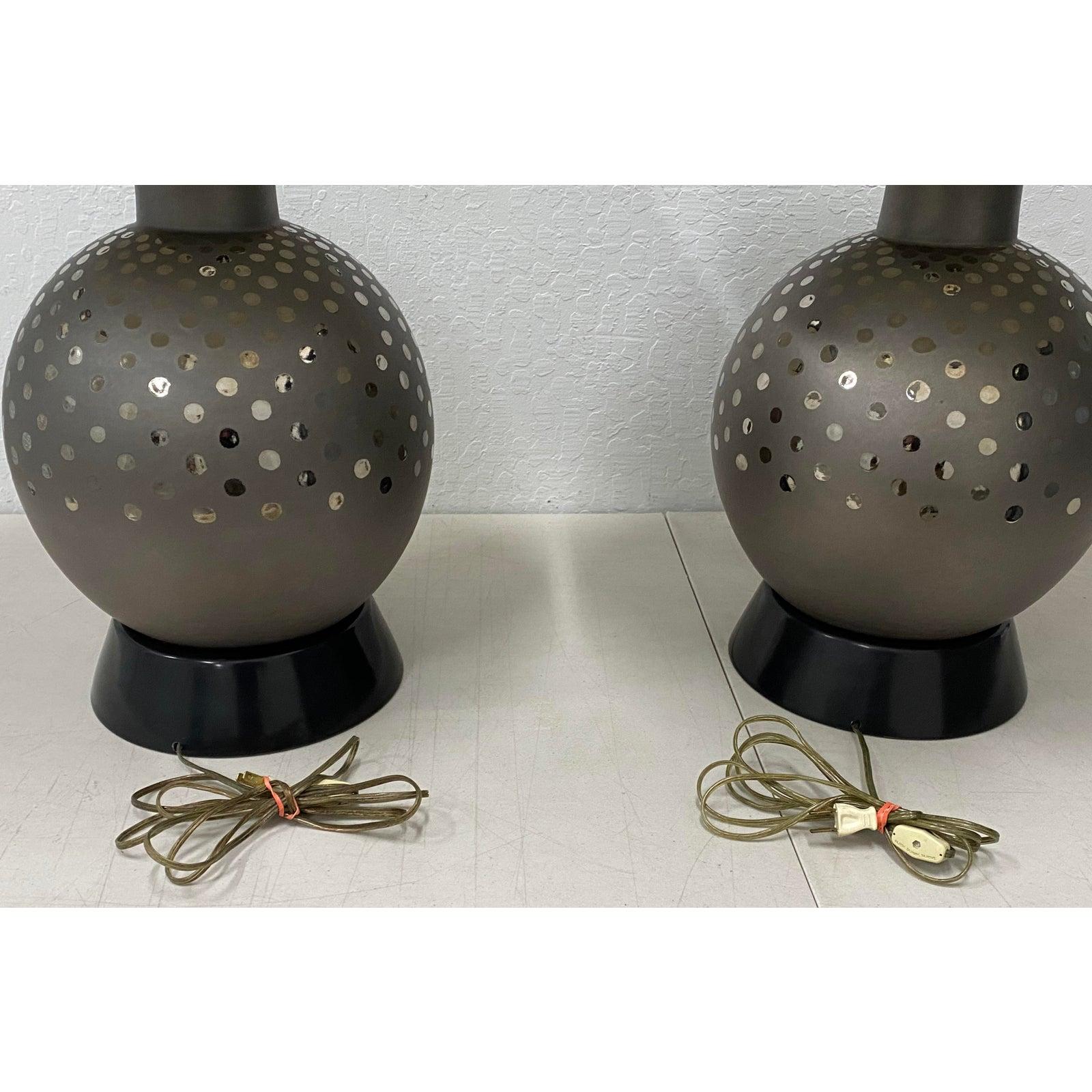 Pair of Vintage Ceramic Metallic Silver Glaze Ball Lamps by Marbro, circa 1970 For Sale 1