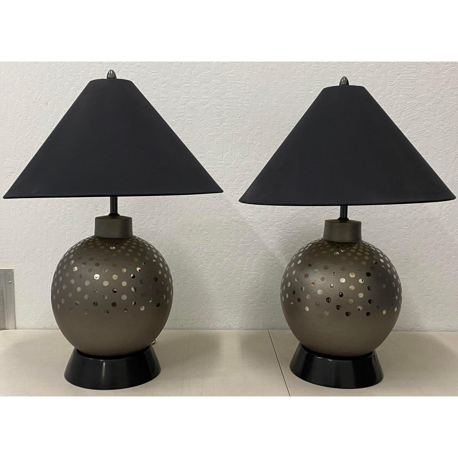 Pair of Vintage Ceramic Metallic Silver Glaze Ball Lamps by Marbro, circa 1970 For Sale 2