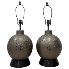 Pair of Vintage Ceramic Metallic Silver Glaze Ball Lamps by Marbro, circa 1970