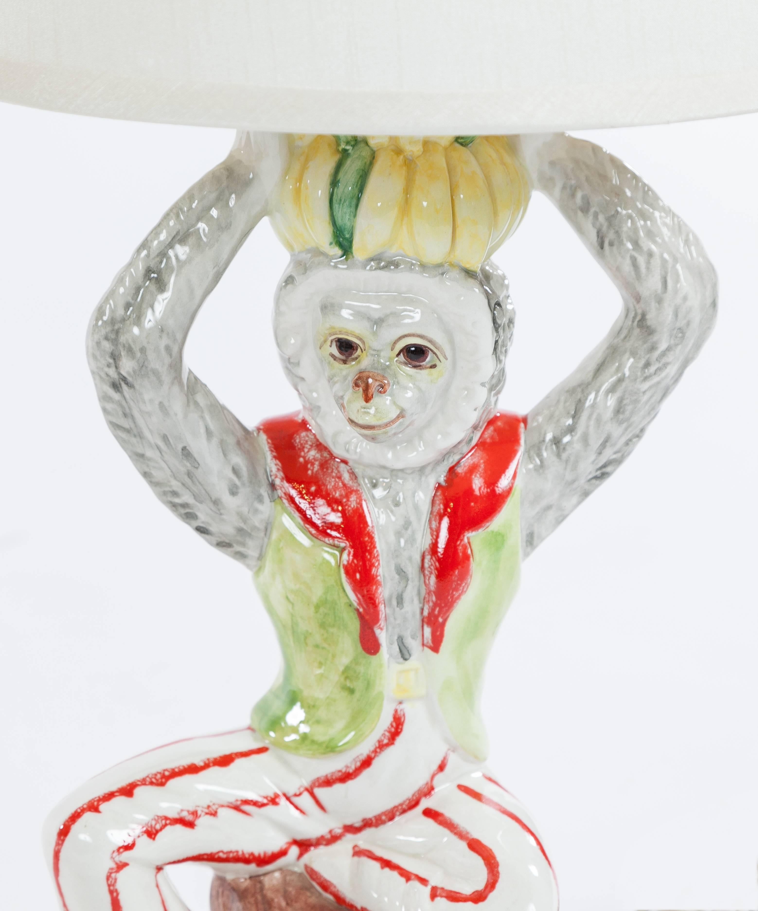 Mid-Century Modern Pair of Vintage Ceramic Monkey Lamps with Cream Silk Shades, Late 20th Century For Sale