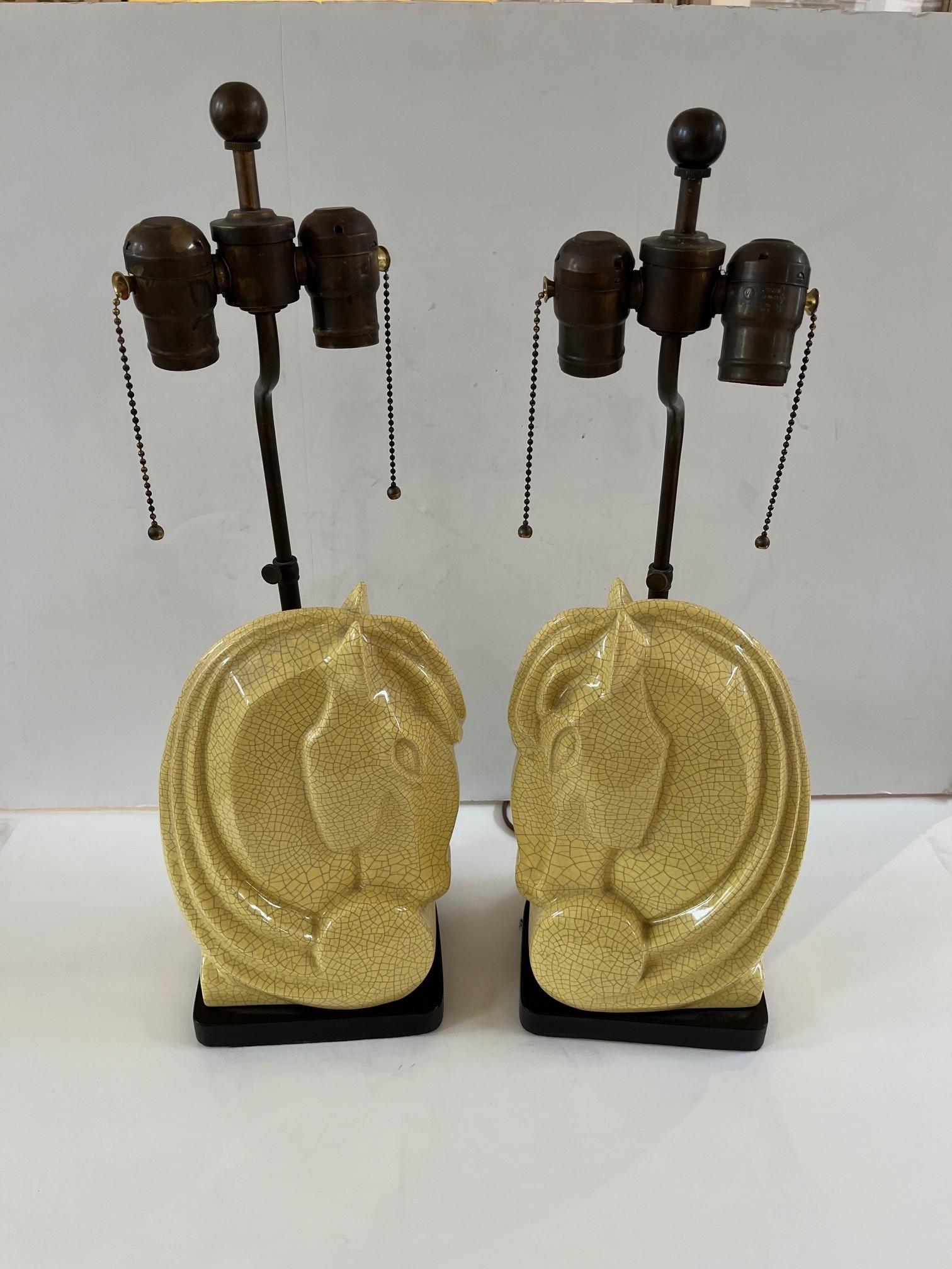 Carved Pair of Vintage Ceramic Rare Deco Style Horse Heads Table Lamps with Silk Shade  For Sale