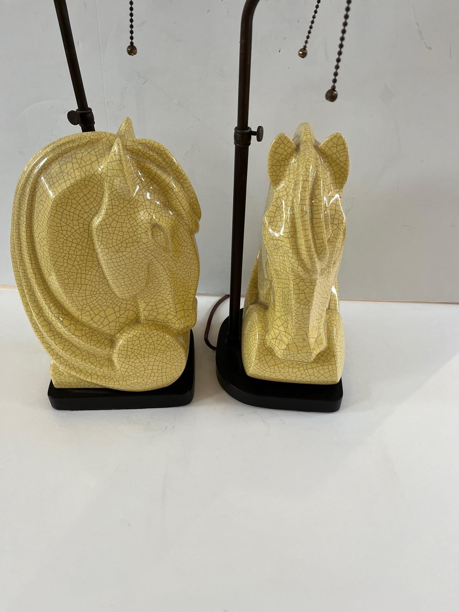 Metal Pair of Vintage Ceramic Rare Deco Style Horse Heads Table Lamps with Silk Shade  For Sale