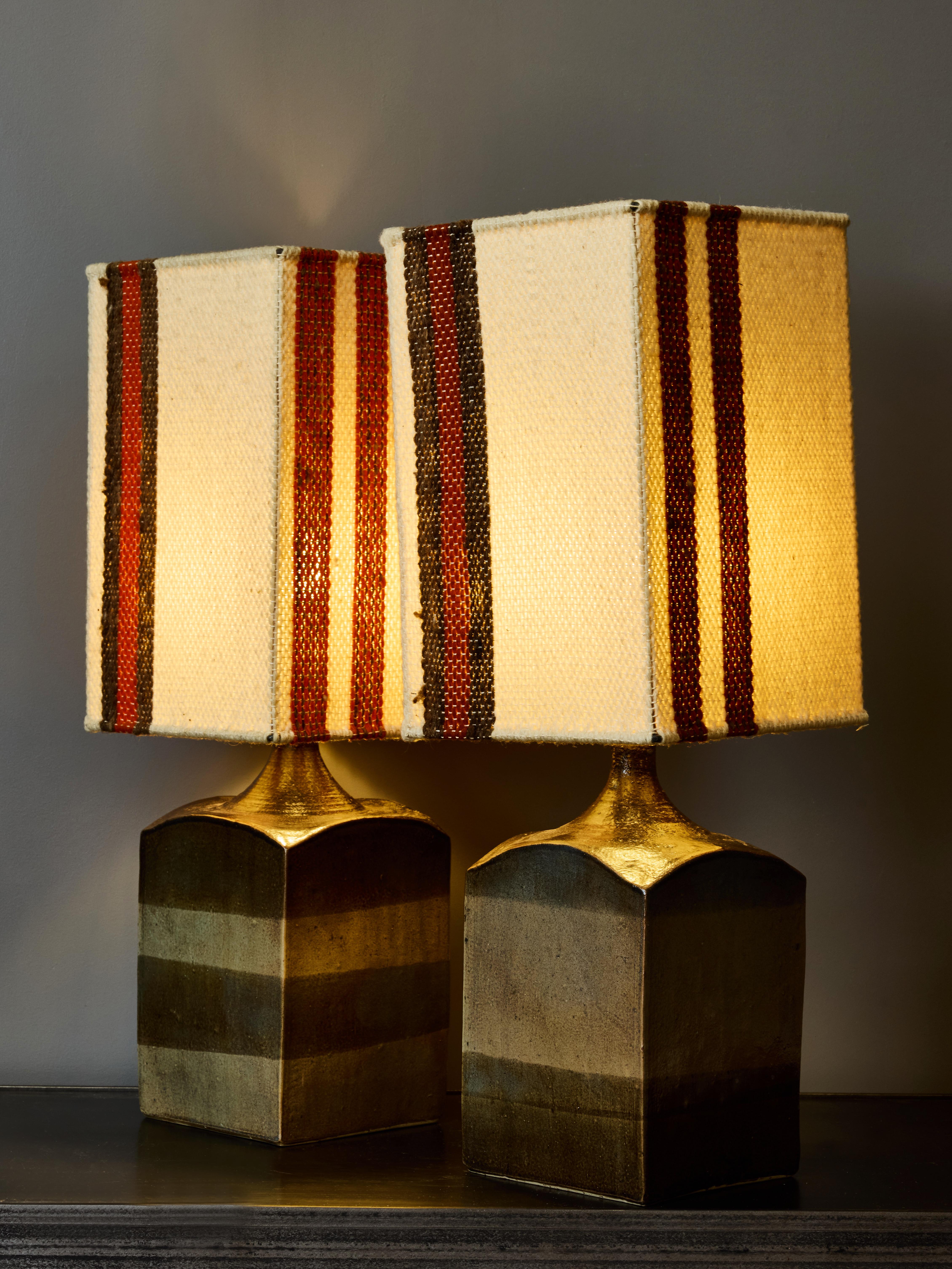 French Pair of Vintage Ceramic Table Lamps with Matching Shades For Sale