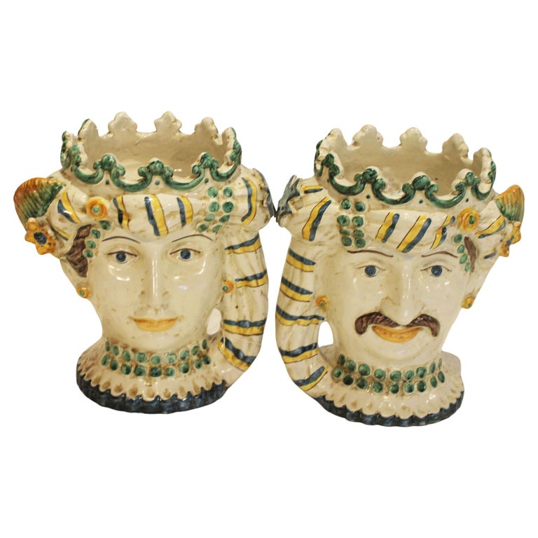 Pair of Vintage Ceramic “Testa Di Moror” Head Vases For Sale at 1stDibs