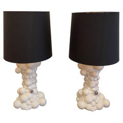 Pair of Vintage Ceramic White Modern Italian Bubble Ball Table Lamps