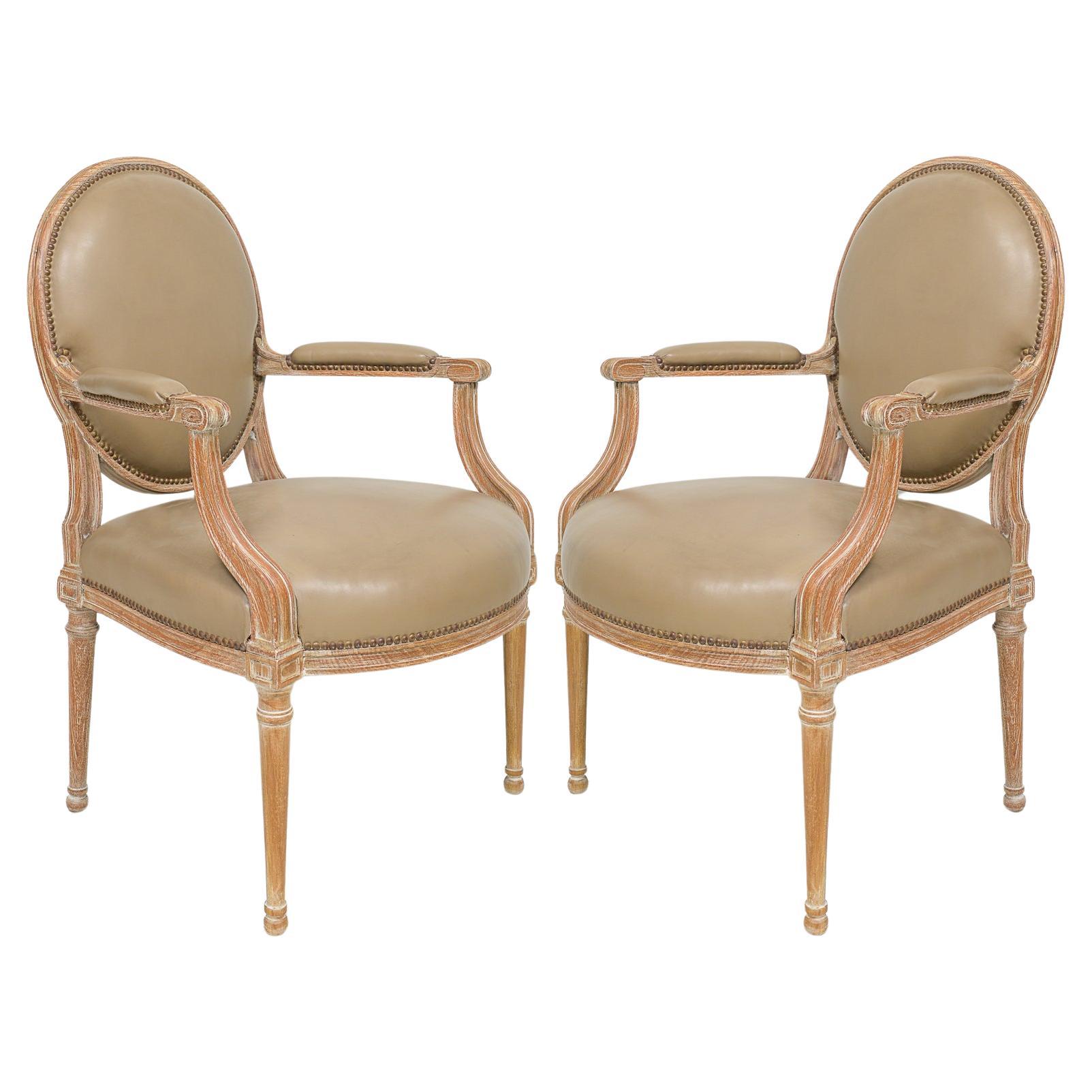 Pair of Vintage Cerused Oak  Armchairs in the Neoclassic Manner For Sale