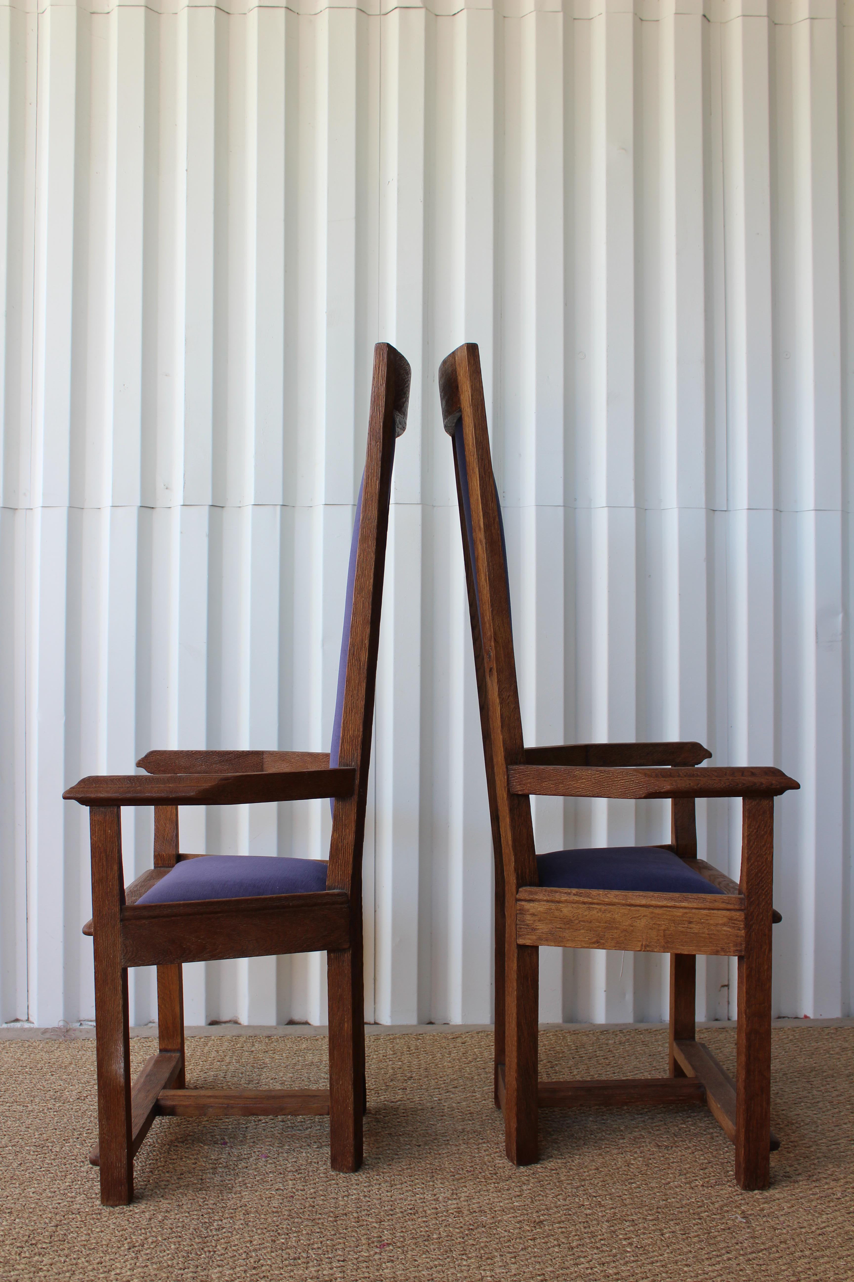 French Pair of Vintage Gauged Oak Hall Chairs, France, 1940s