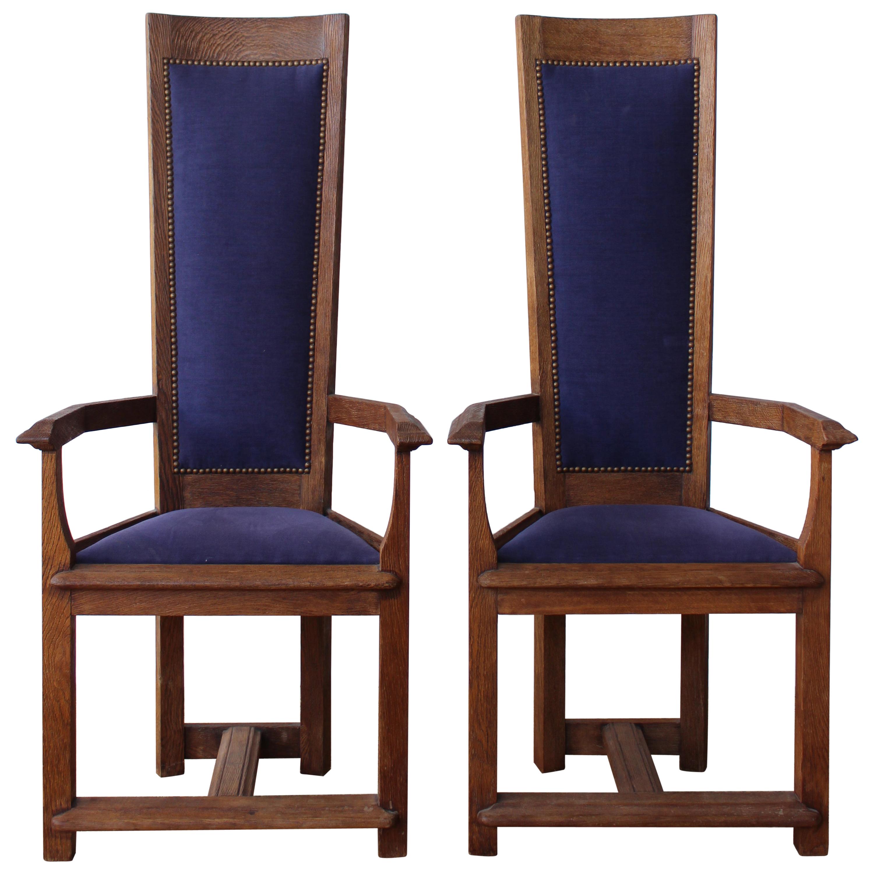 Pair of Vintage Gauged Oak Hall Chairs, France, 1940s