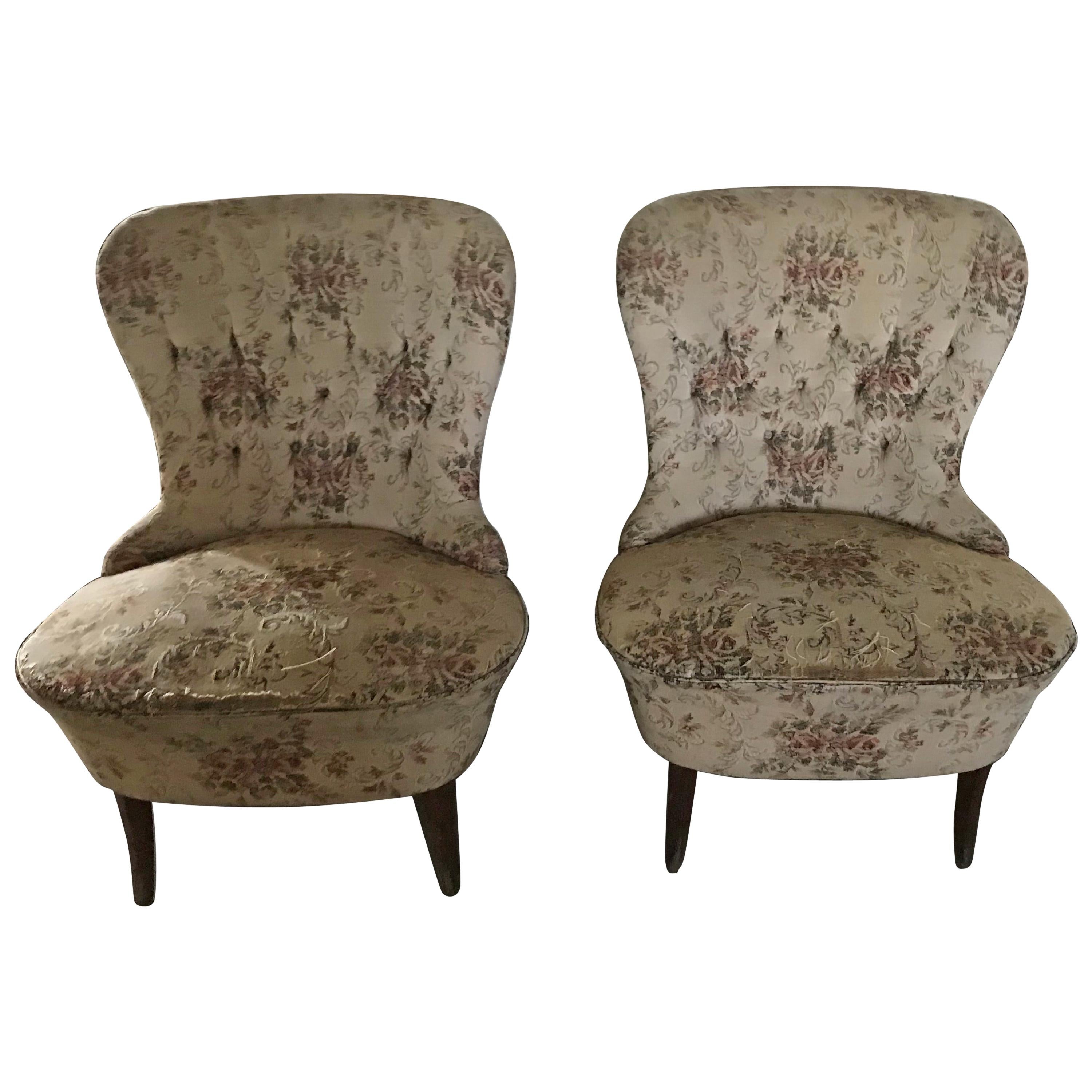 Pair of Vintage Chairs in Original Floral Fabric For Sale