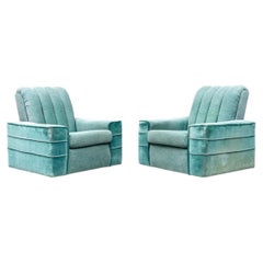 Pair Of Vintage Channel Back Art Deco Style Club Chairs In Custom Upholstery