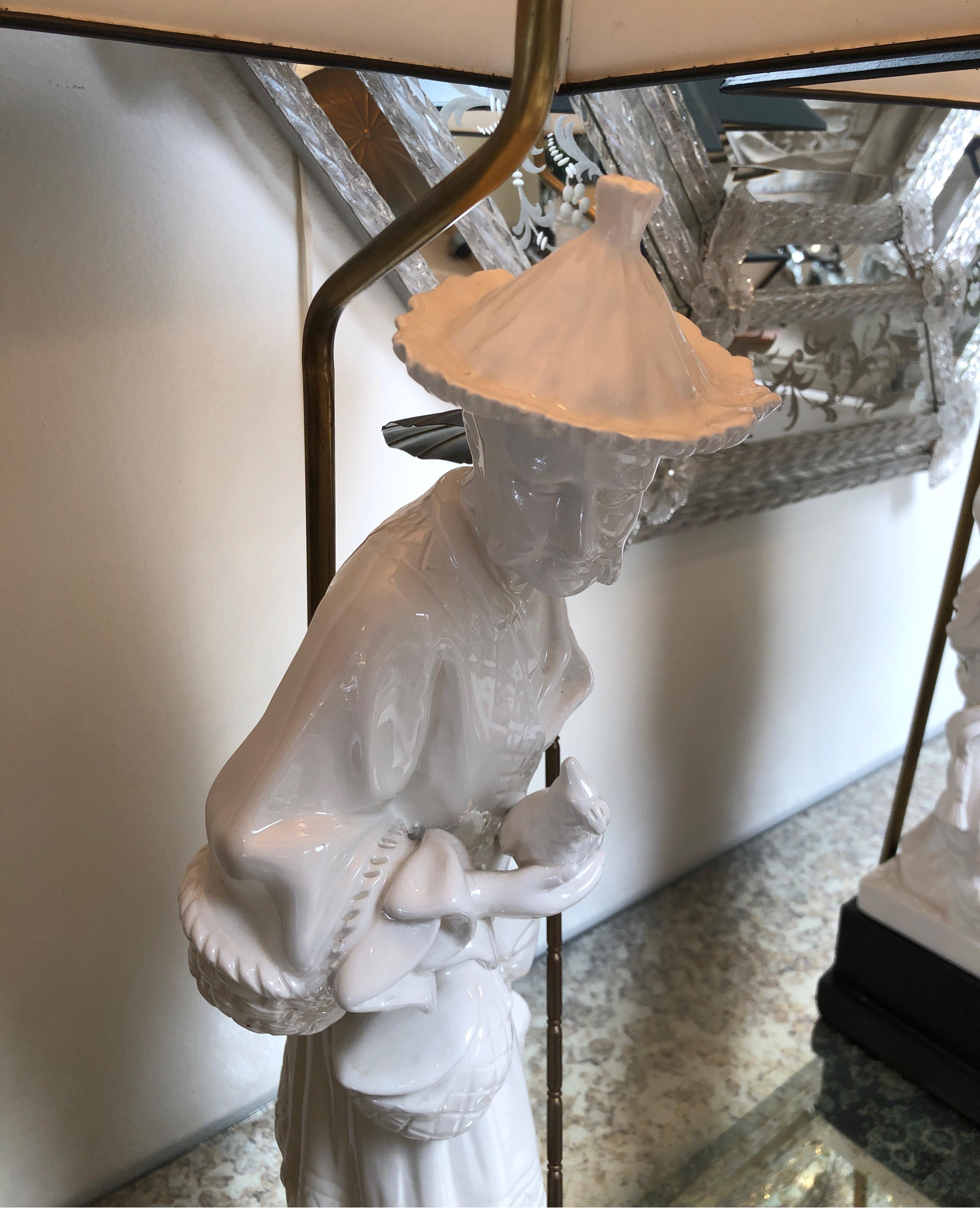Vintage chapman Blanc de Chine lamps, circa 20th century male and female white ceramic with black base, removable brass parasol, solid brass hardware.