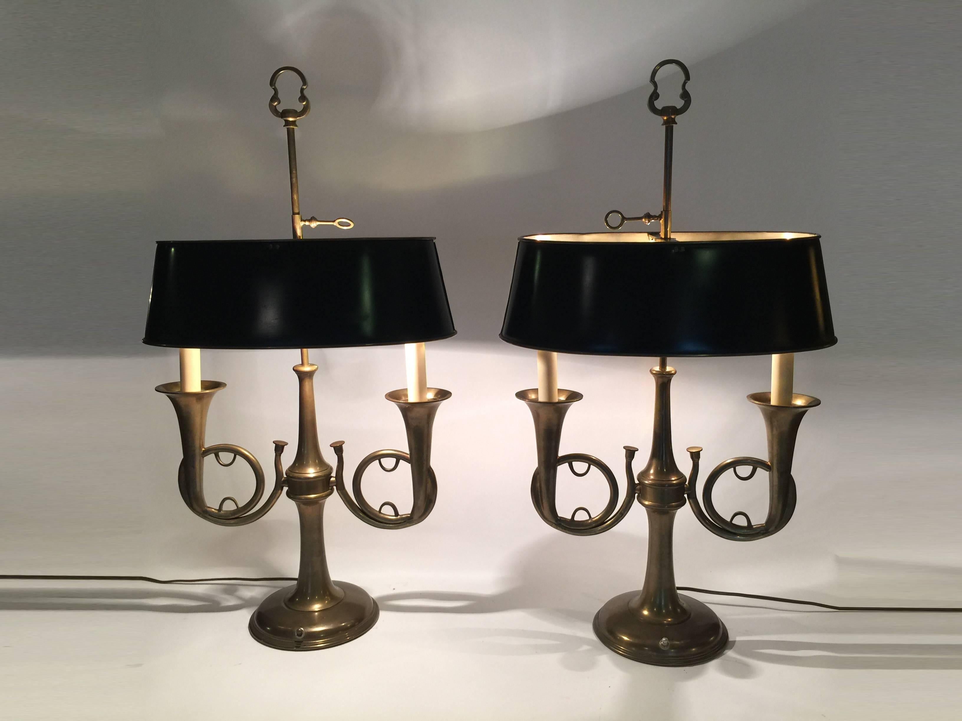 Pair of vintage Chapman French Horn table lamps with black tole lampshades, circa 1960-1970.