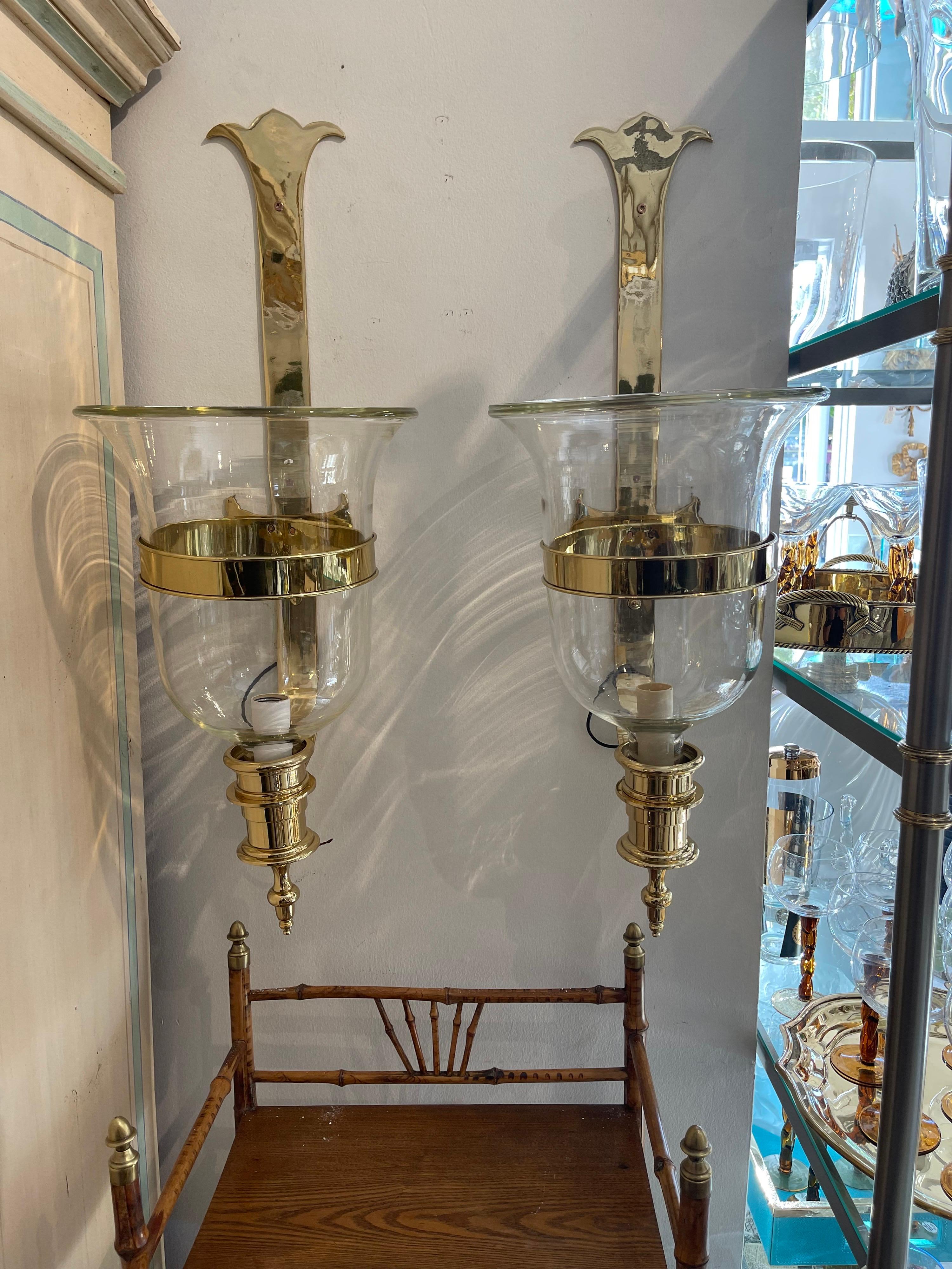 Pair of brass & glass electrified hurricane lanterns / sconces.