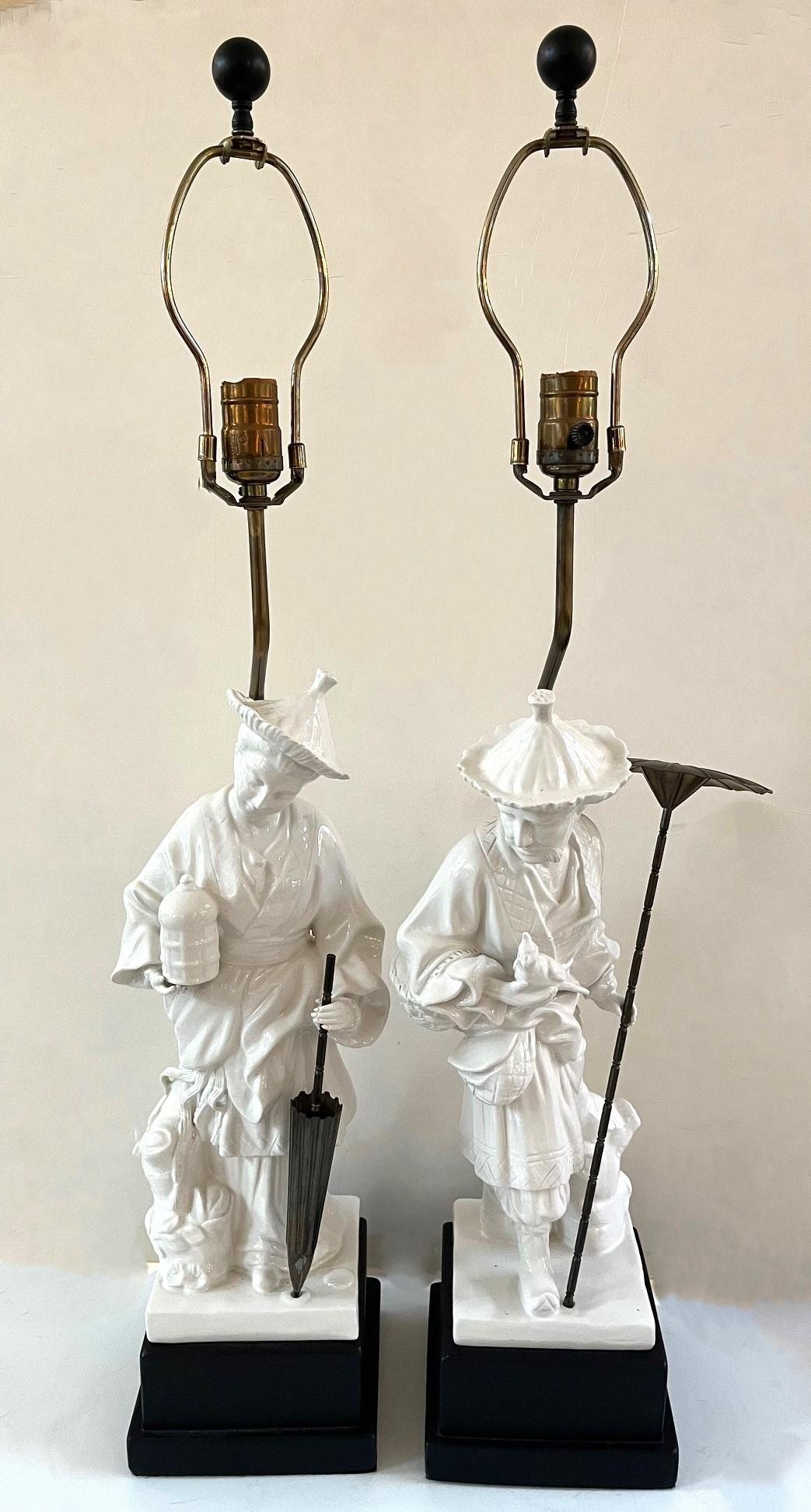 Pair of Vintage Chapman Porcelain Chinoiserie Blanc De Chine Figural Table Lamps For Sale 5