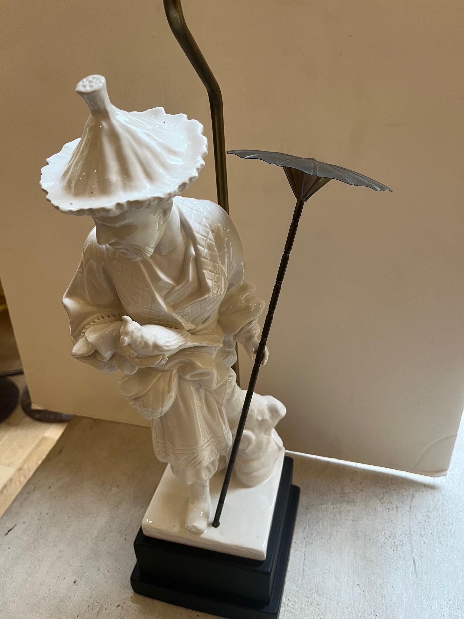 Américain Paire de lampes de bureau vintage de style chinoiserie en porcelaine Chapman Blanc De Chine en vente