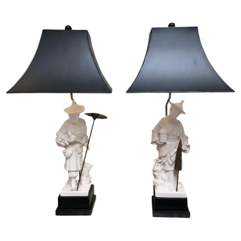 Pair of Vintage Chapman Porcelain Chinoiserie Blanc De Chine Figural Table Lamps For Sale