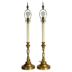 Coppia di lampade da tavolo Chapman d'epoca in ottone con portacandele Barley Twist